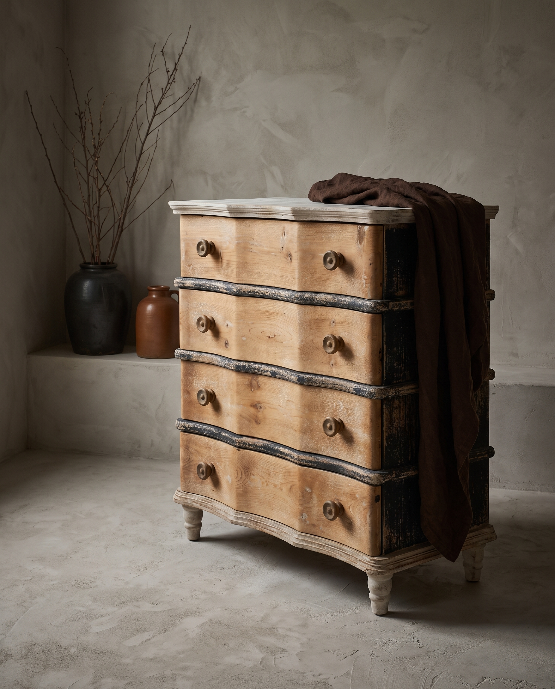 The Curvy Dresser, serpentine four-drawer chest, three-quarter view in a greige plaster room