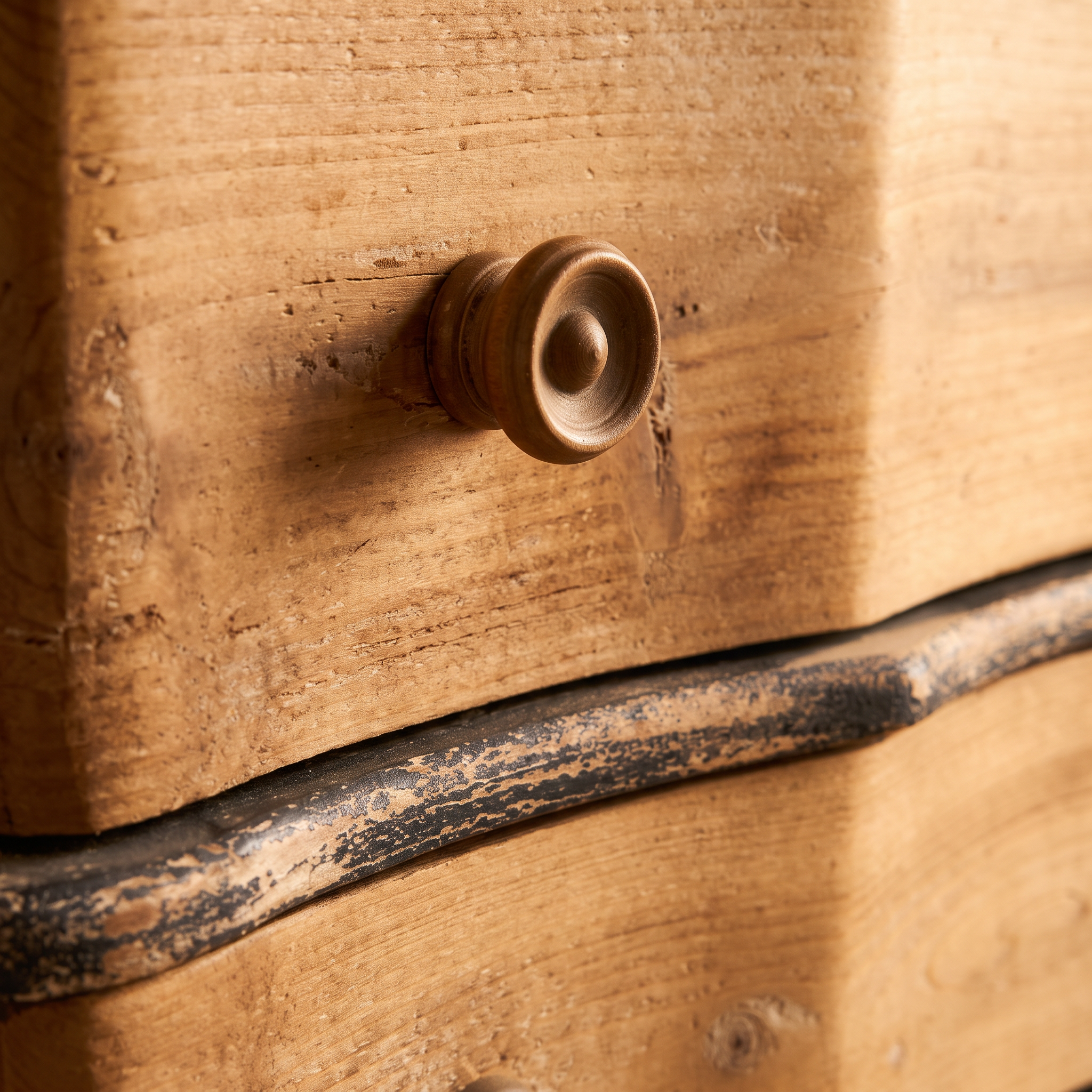 Second detail view of a turned wood knob and black distressed trim on The Curvy Dresser