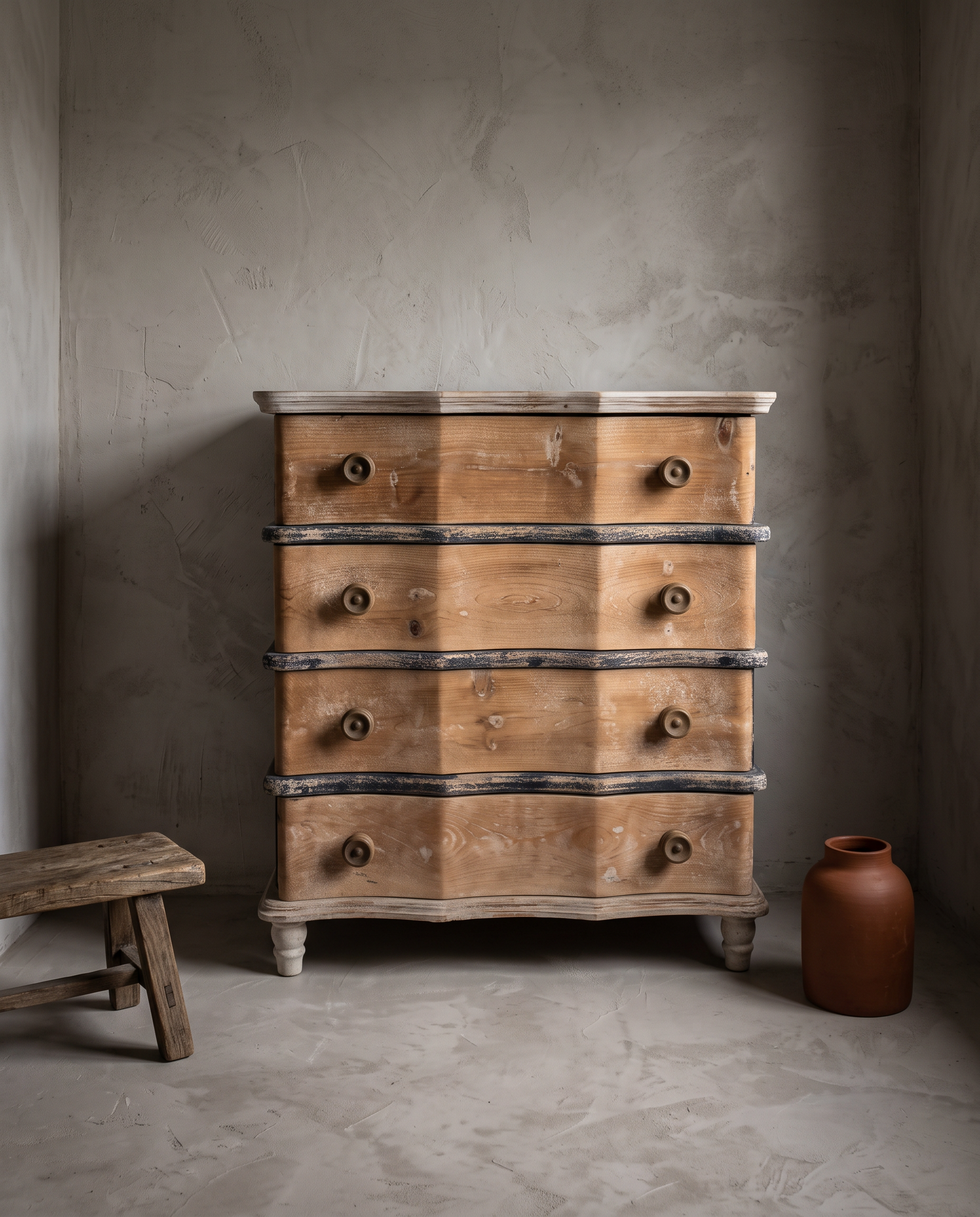 The Curvy Dresser, straight-on front view showing all four wave-front drawers