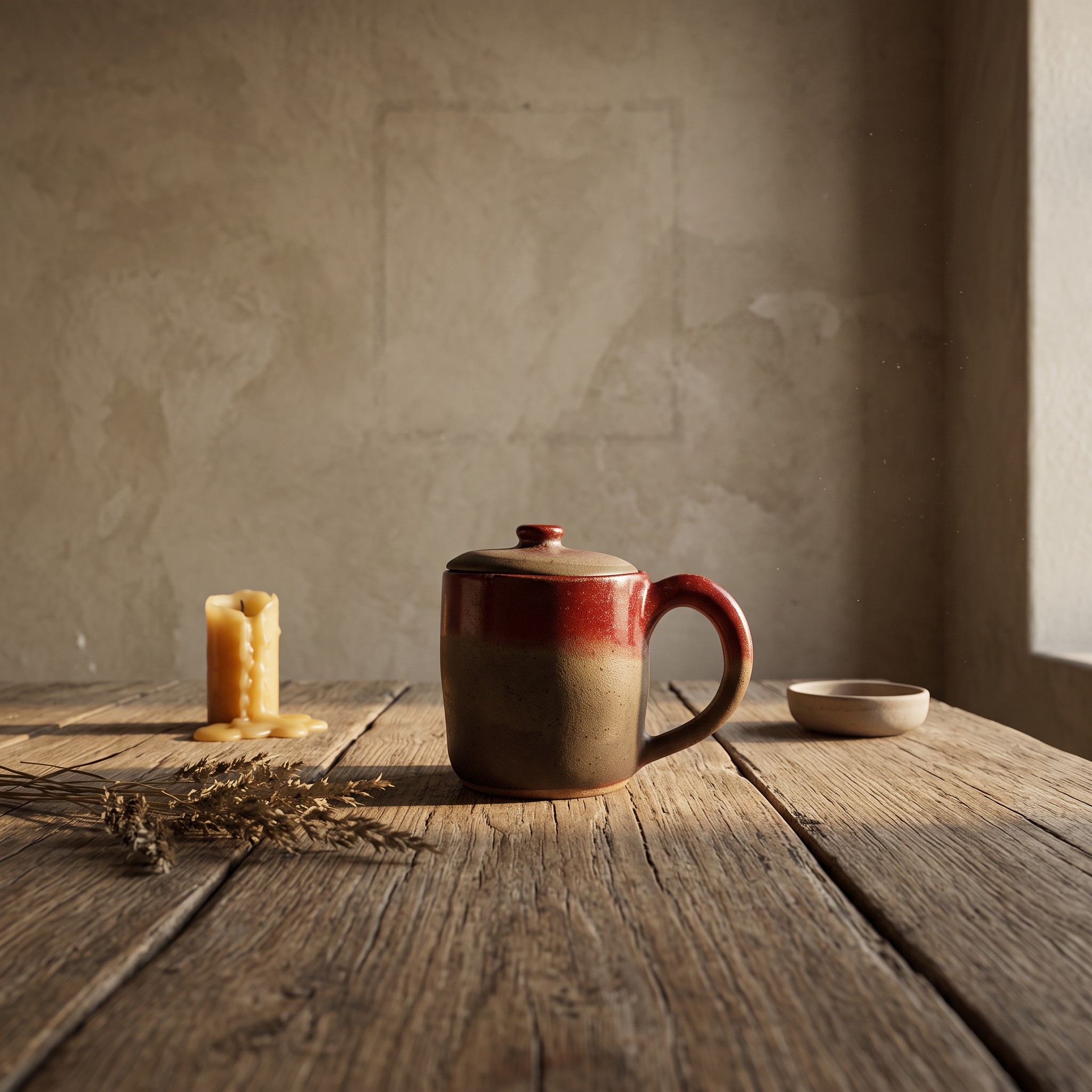 Lidded stoneware mug with red glaze breaking into warm sand, round loop handle, on a weathered oak table