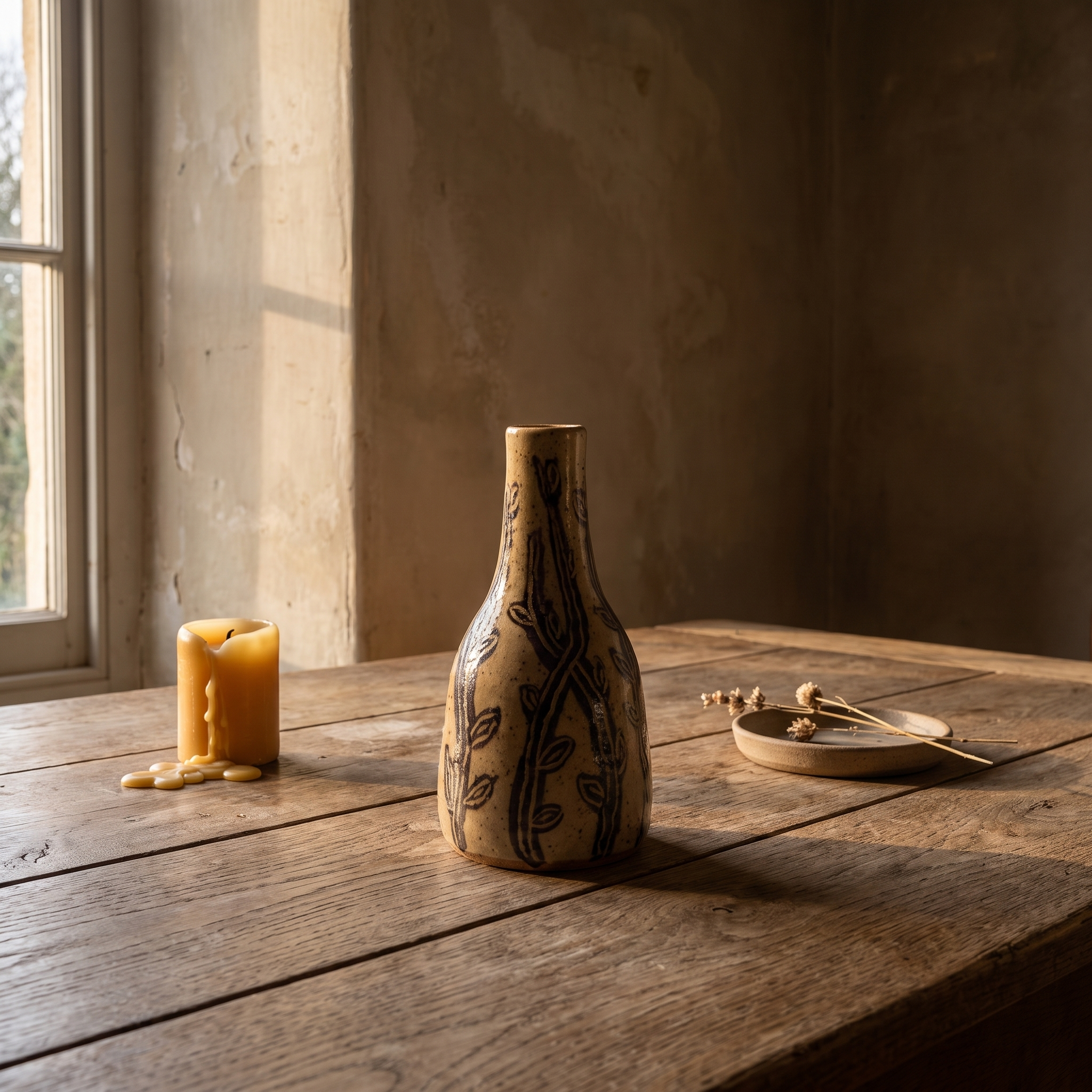 Tall narrow-necked stoneware bottle vase painted with climbing branches and leaves, on a weathered oak table