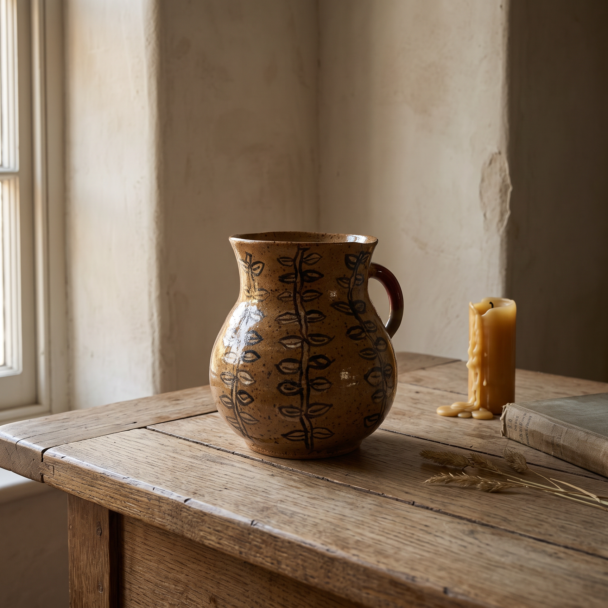 Speckled stoneware pitcher vase painted with columns of dark leaves, small red handle, on a weathered oak table