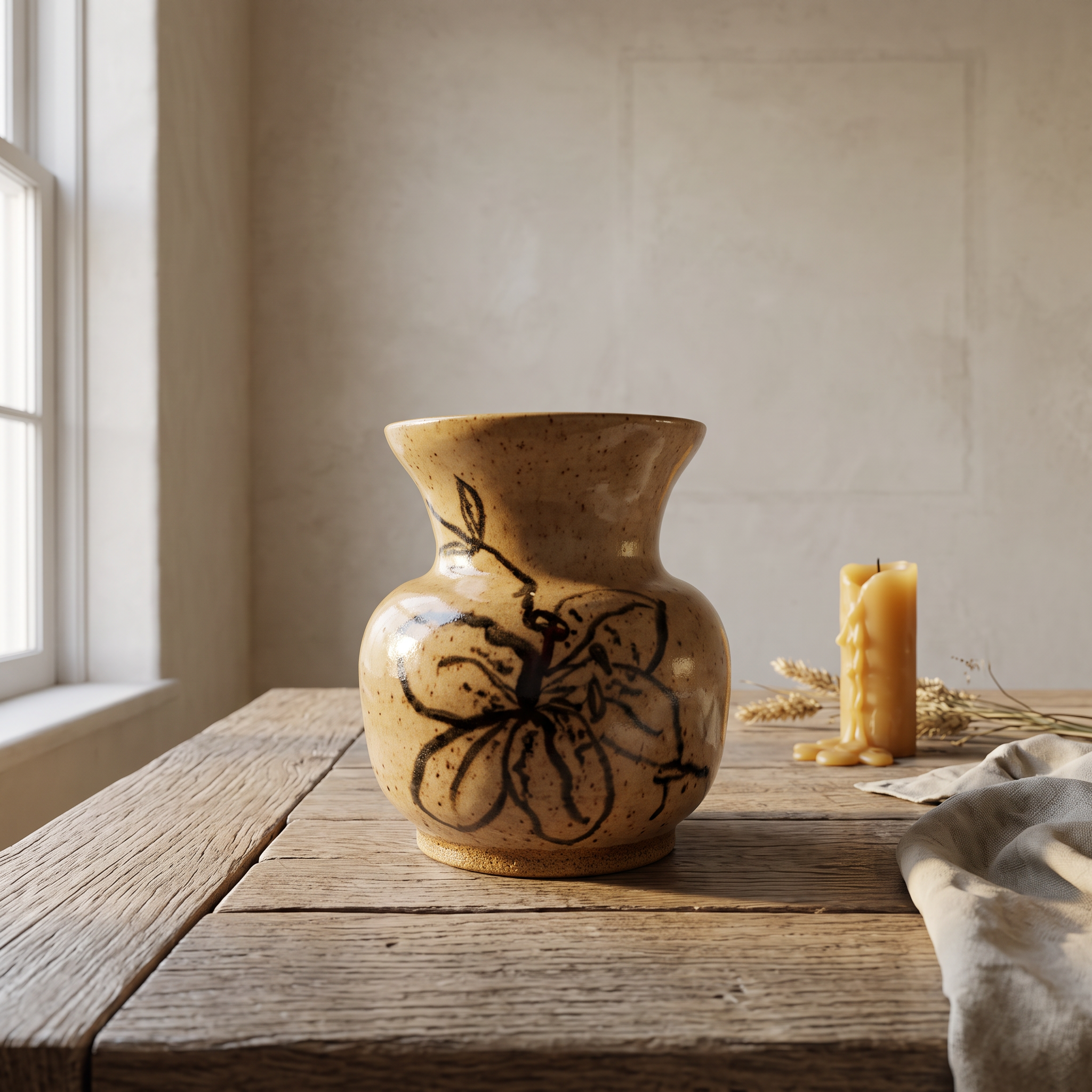 Speckled honey-toned vase with flared rim and a hand-painted dark bloom, on a weathered oak table