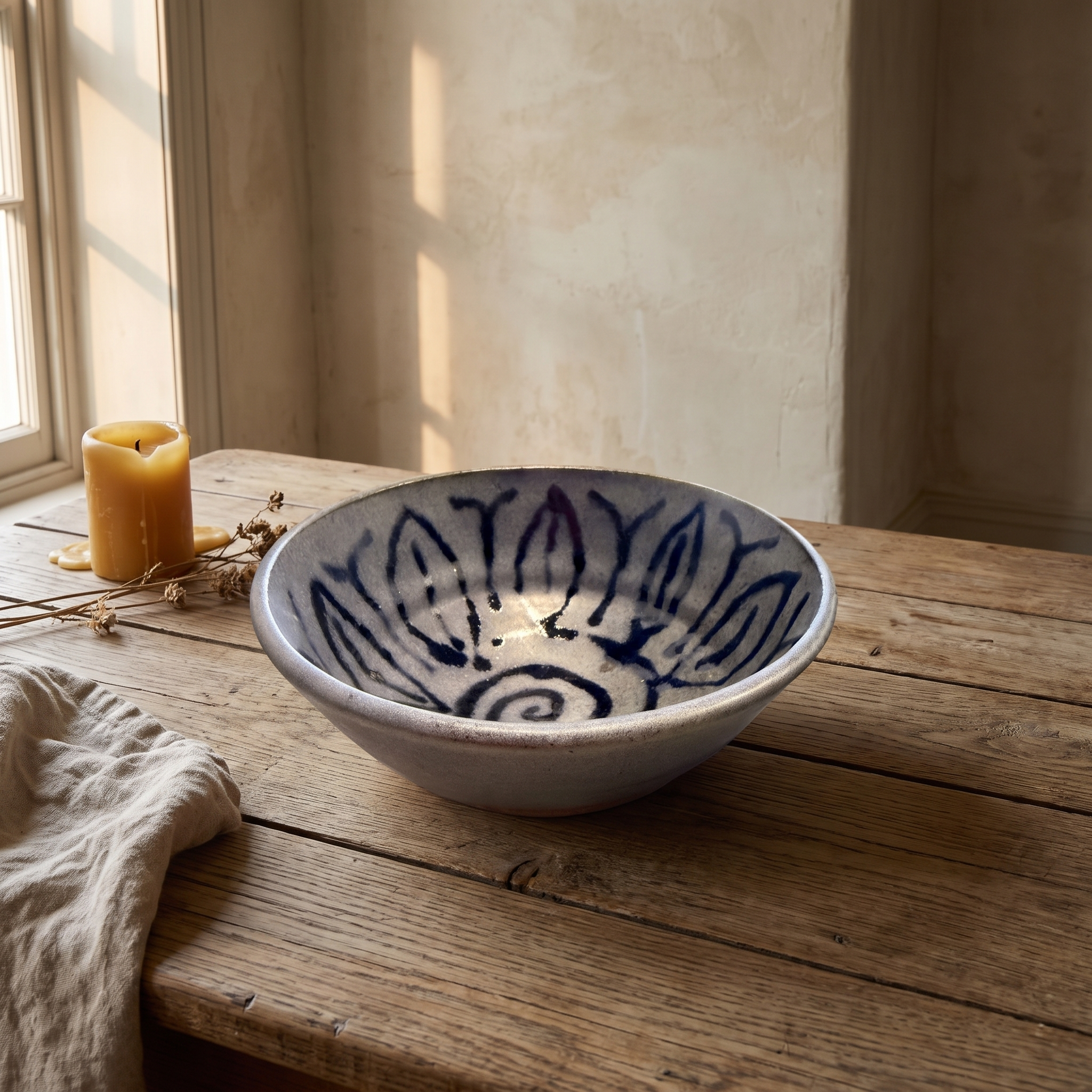 Shallow pale stoneware bowl with a deep indigo lotus painted inside, on a weathered oak table