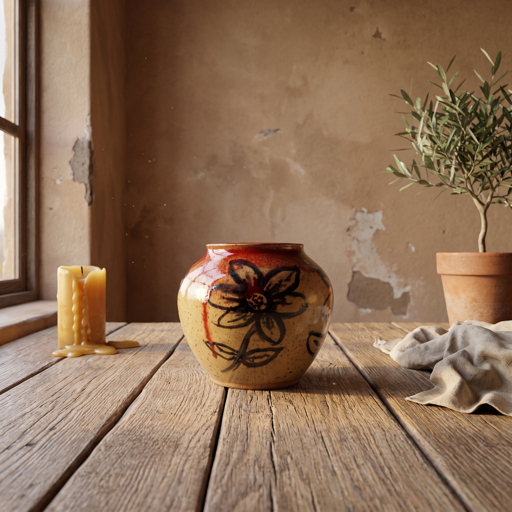 Round speckled stoneware vase with deep red glaze pooling at the shoulder and a painted dark flower, on a weathered oak table