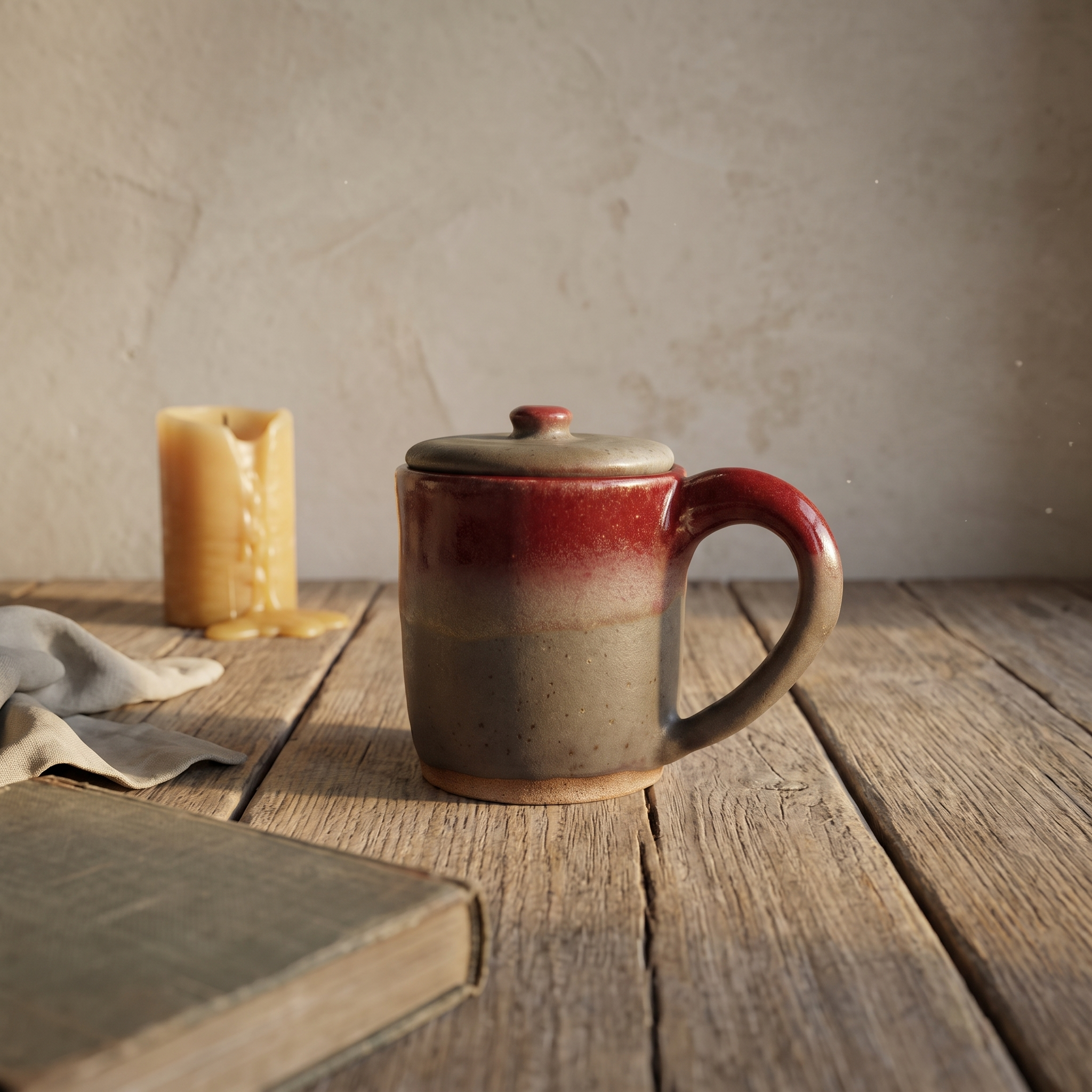 Lidded stoneware mug with deep red glaze breaking into warm sand, round loop handle, on a weathered oak table