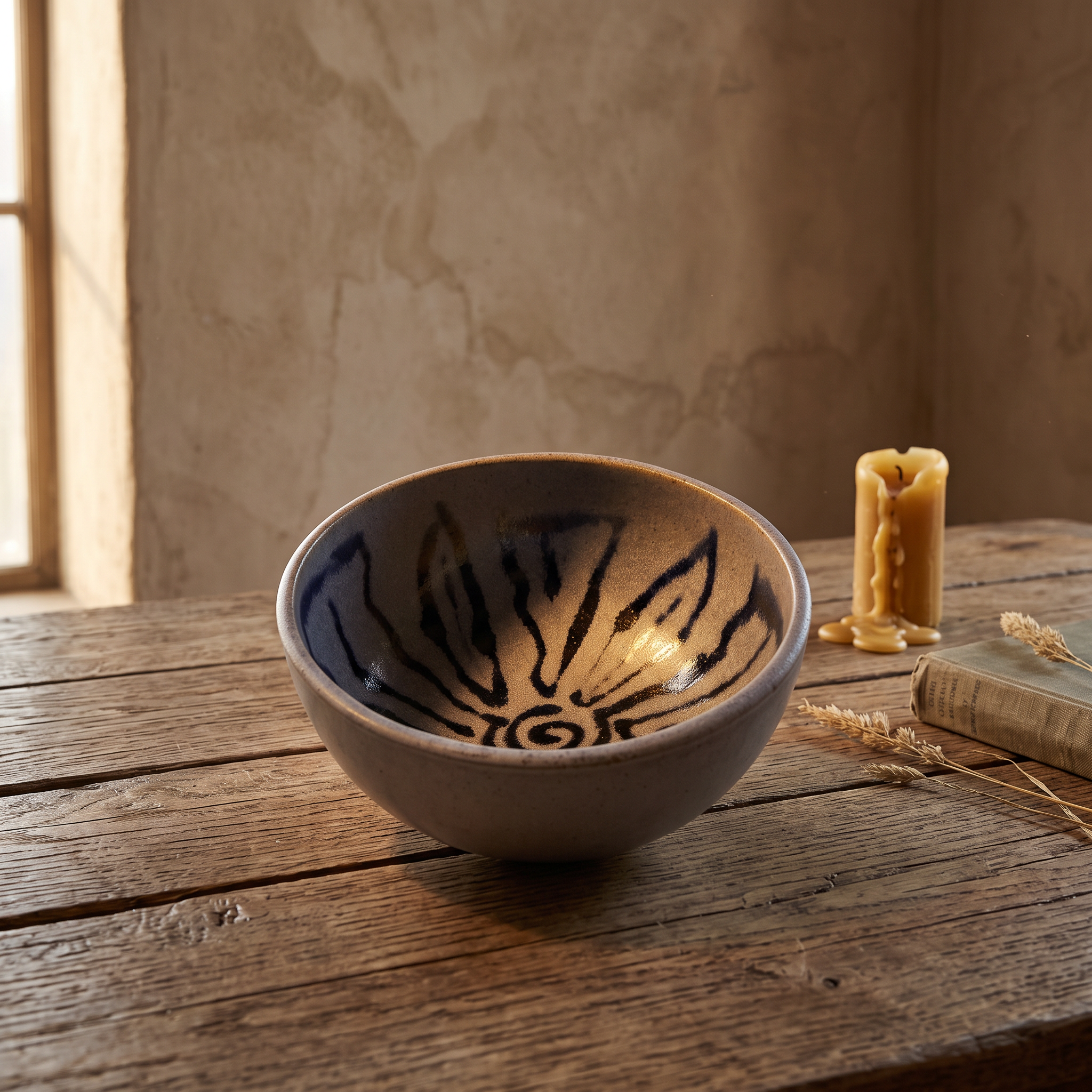 Deep stoneware bowl with broad indigo lotus petals painted inside, on a weathered oak table