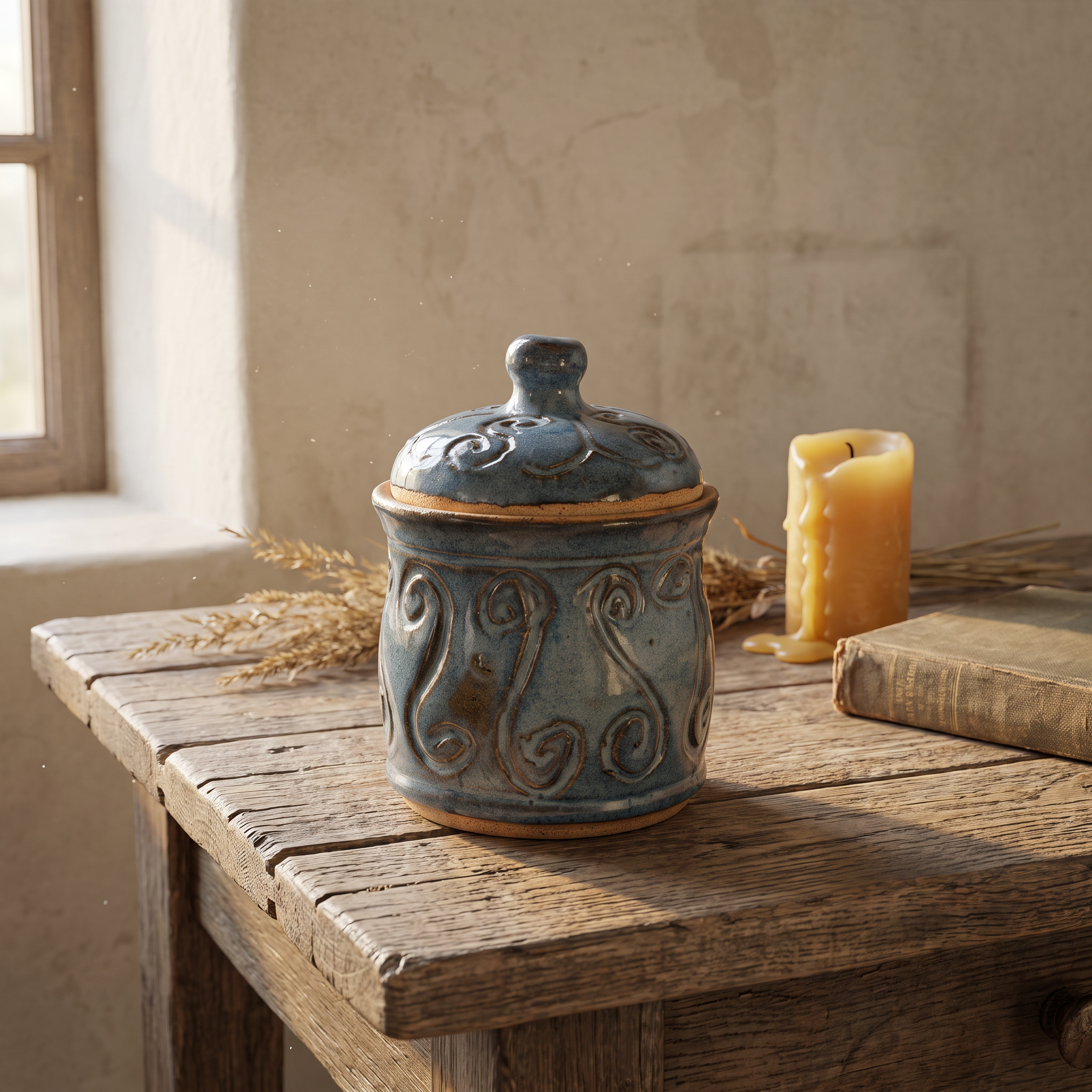 Blue-grey lidded stoneware jar with raised scrollwork and unglazed clay bands, on a weathered oak table in warm afternoon light