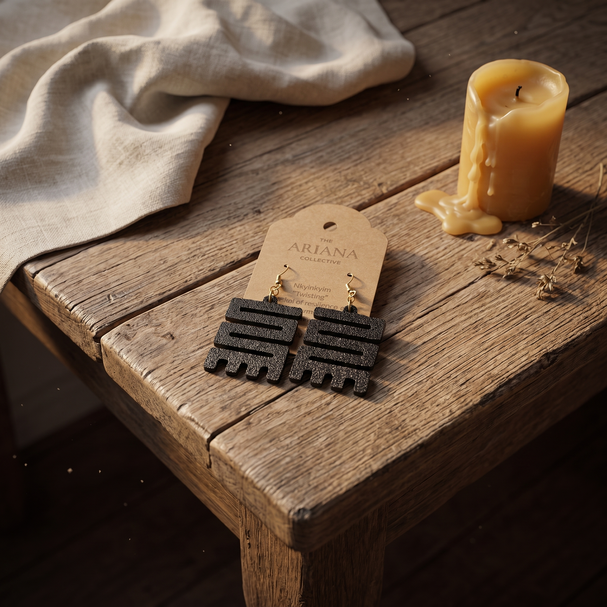 Nkyinkyim Adinkra earrings on a kraft Ariana Collective card, on a weathered oak table