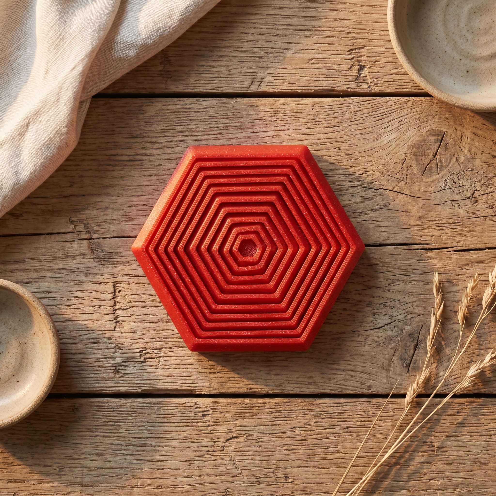 Red 3D-printed hexagon fidget with concentric rings, laid flat on a weathered oak table