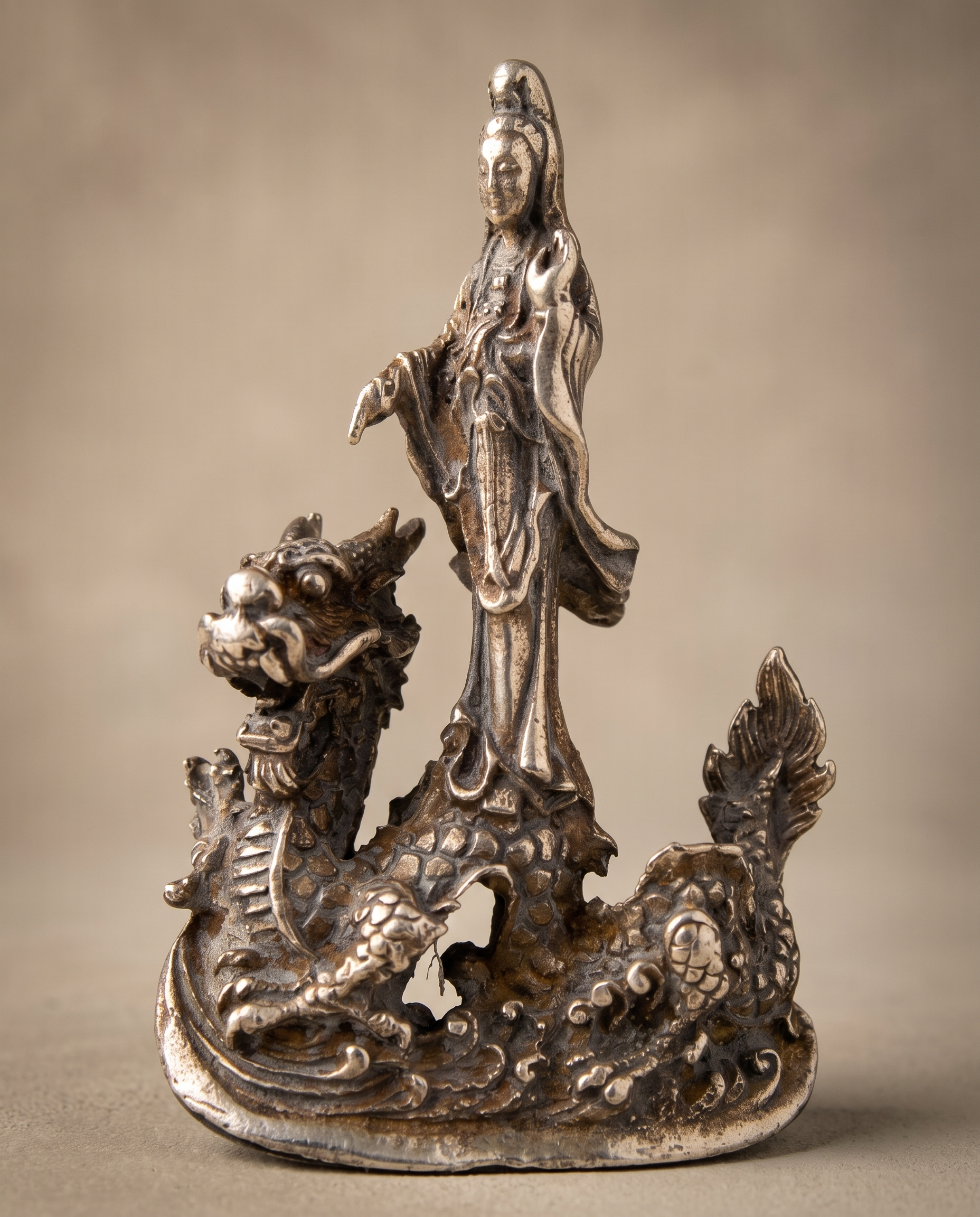 Brass Deity Statuette Quan Yin On Dragon