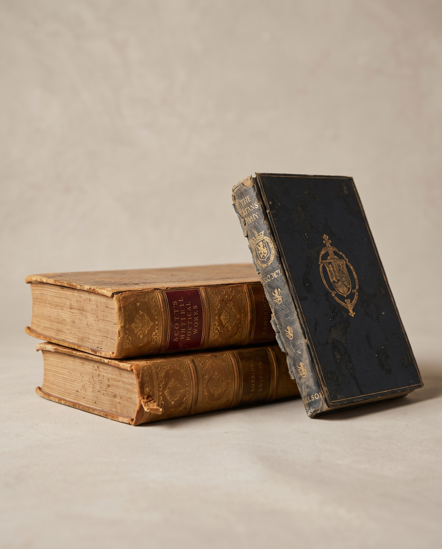 Antique books - two tan leather volumes stacked with a smaller dark gilt-crested book leaning against them