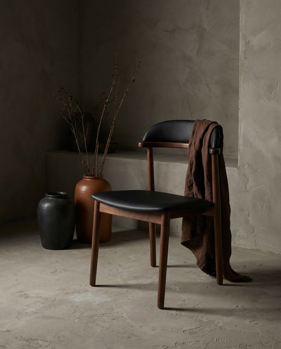 Sundays walnut dining chair with black leather seat, staged in a greige plaster room with stoneware vessels and dried branches