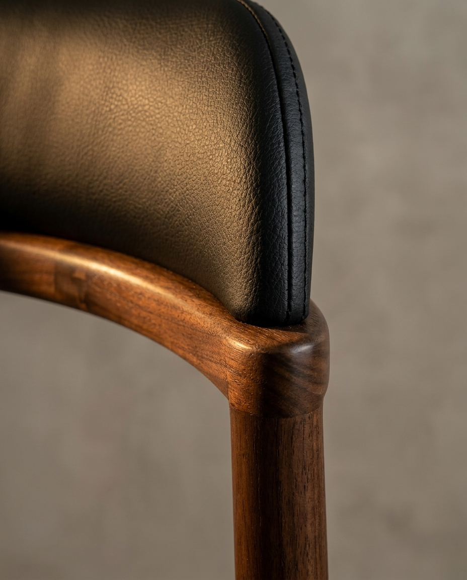 Macro detail of the black leather stitching and walnut top rail joint