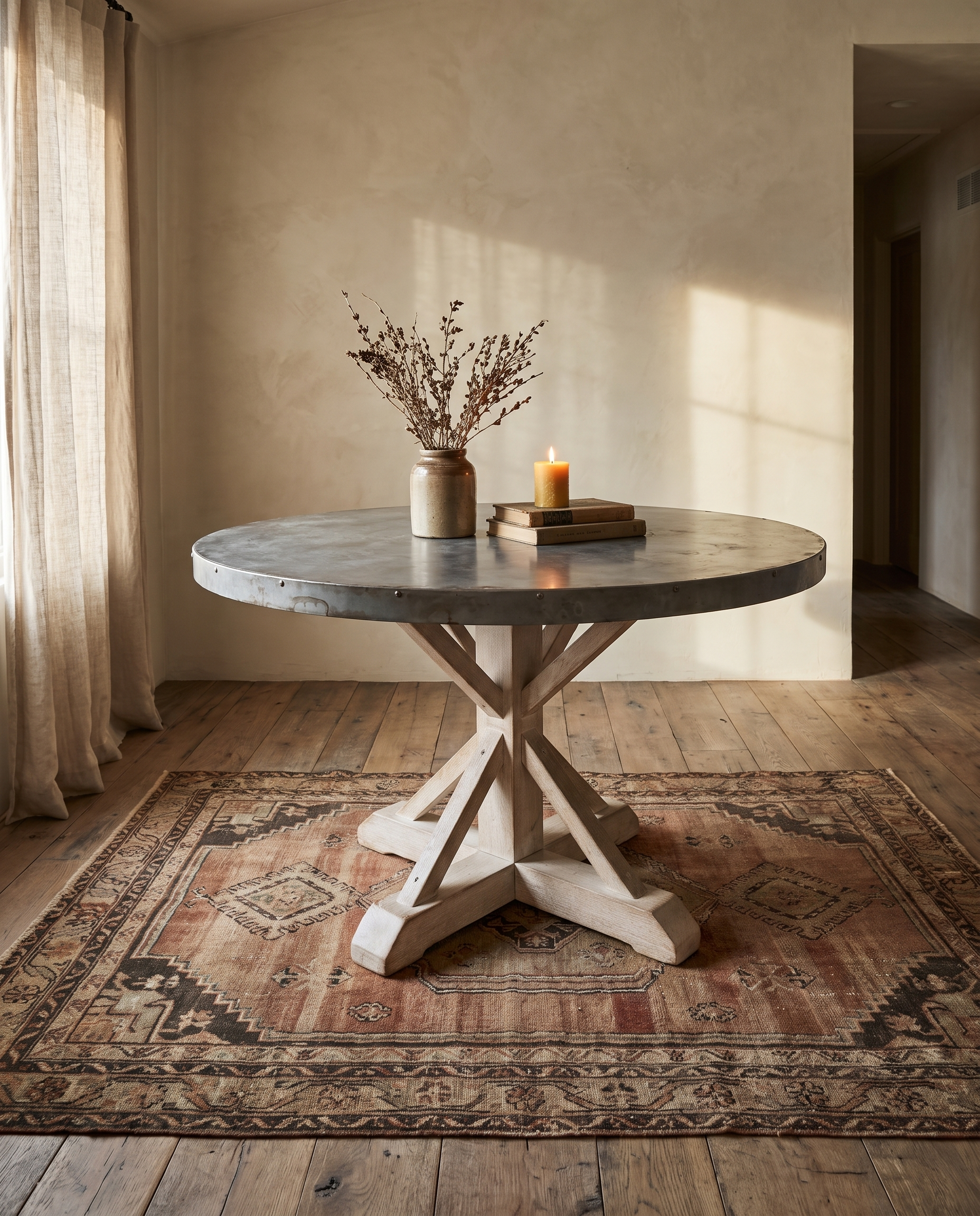 The Patina Zinc Trestle Table styled in a warm room