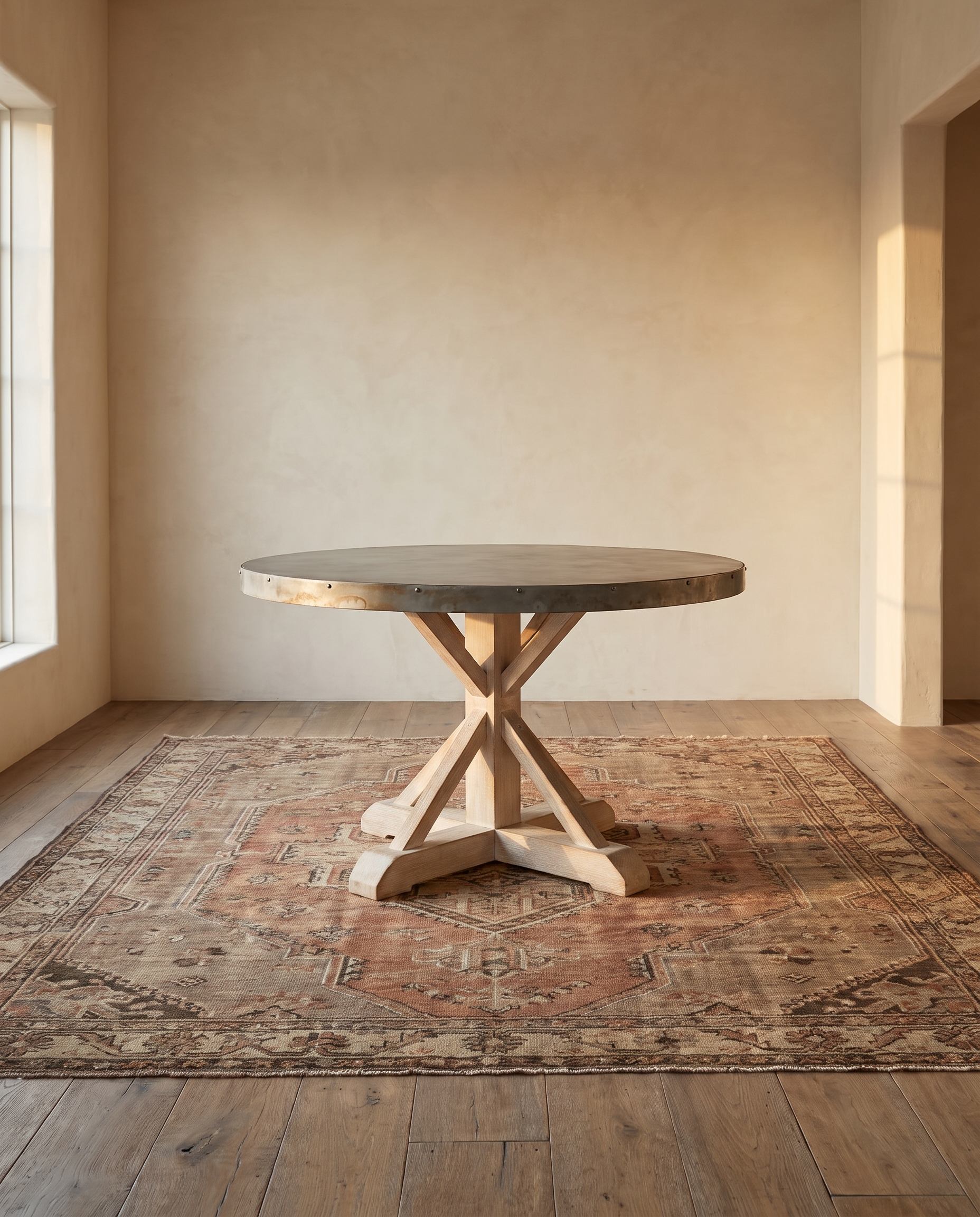 The Patina Zinc Trestle Table, three-quarter view