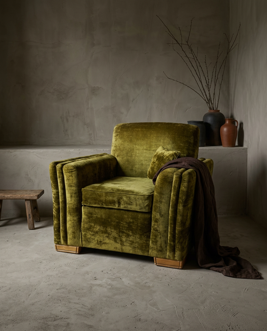 Olive velvet channel-arm club chair, lifestyle hero