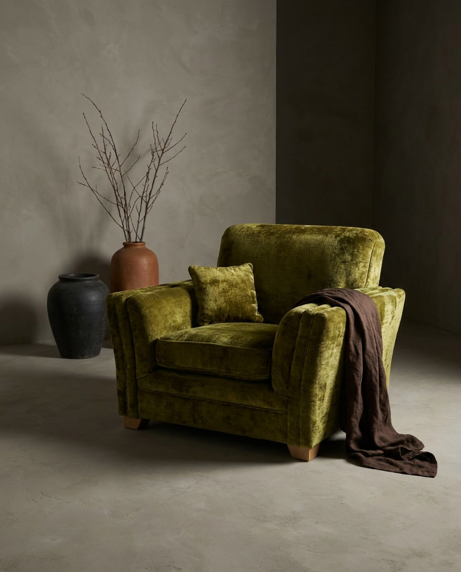 Olive velvet channel-arm club chair, three-quarter view