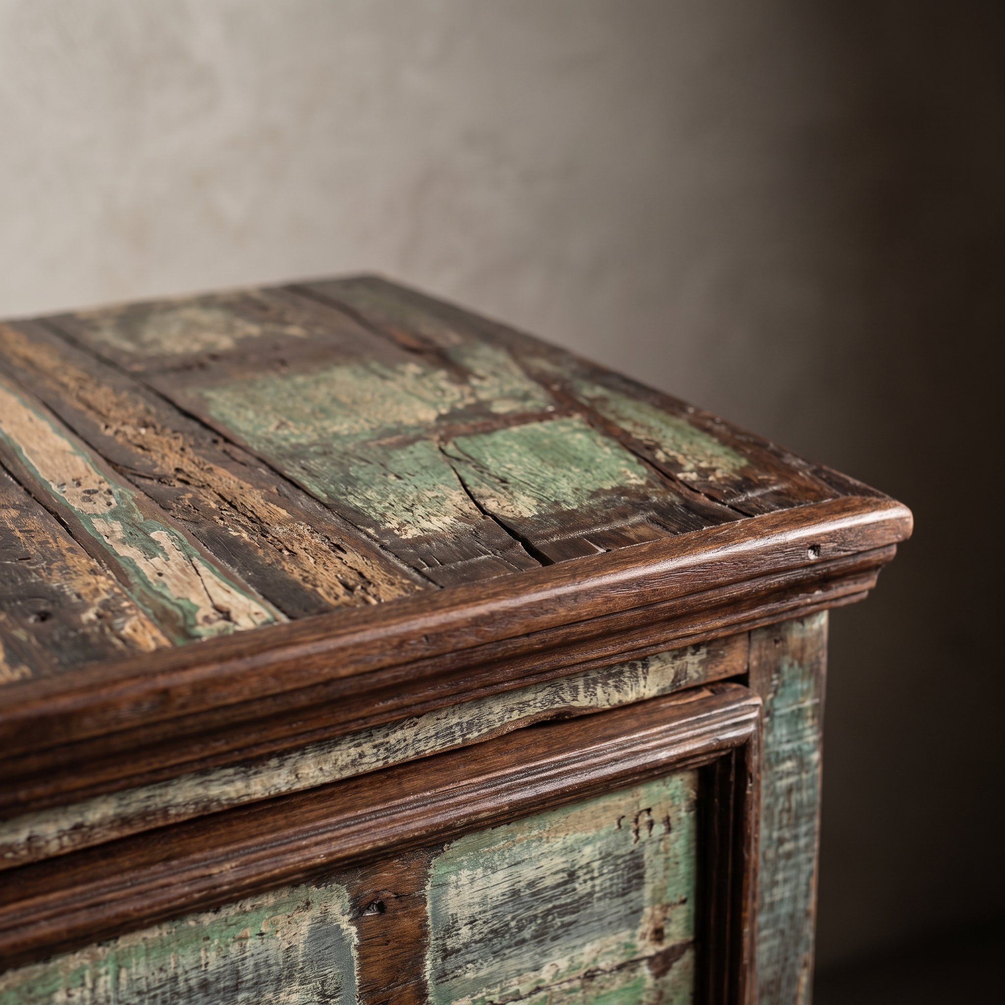 Macro detail of The Verdigris Chest top corner and upper drawer construction