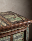 Macro detail of The Verdigris Chest top corner and upper drawer construction