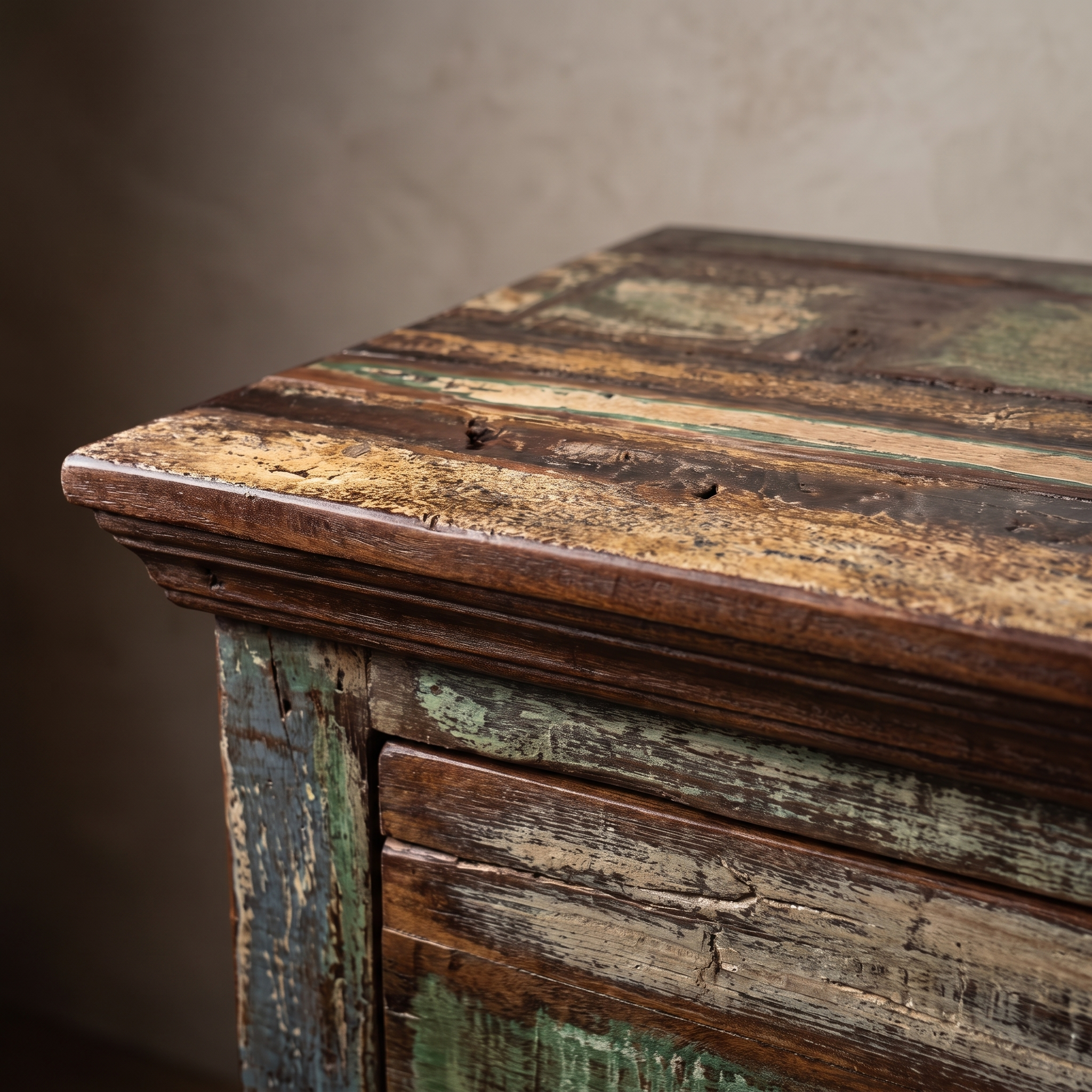Macro detail of The Verdigris Chest top surface and molded edge, showing weathered patchwork grain