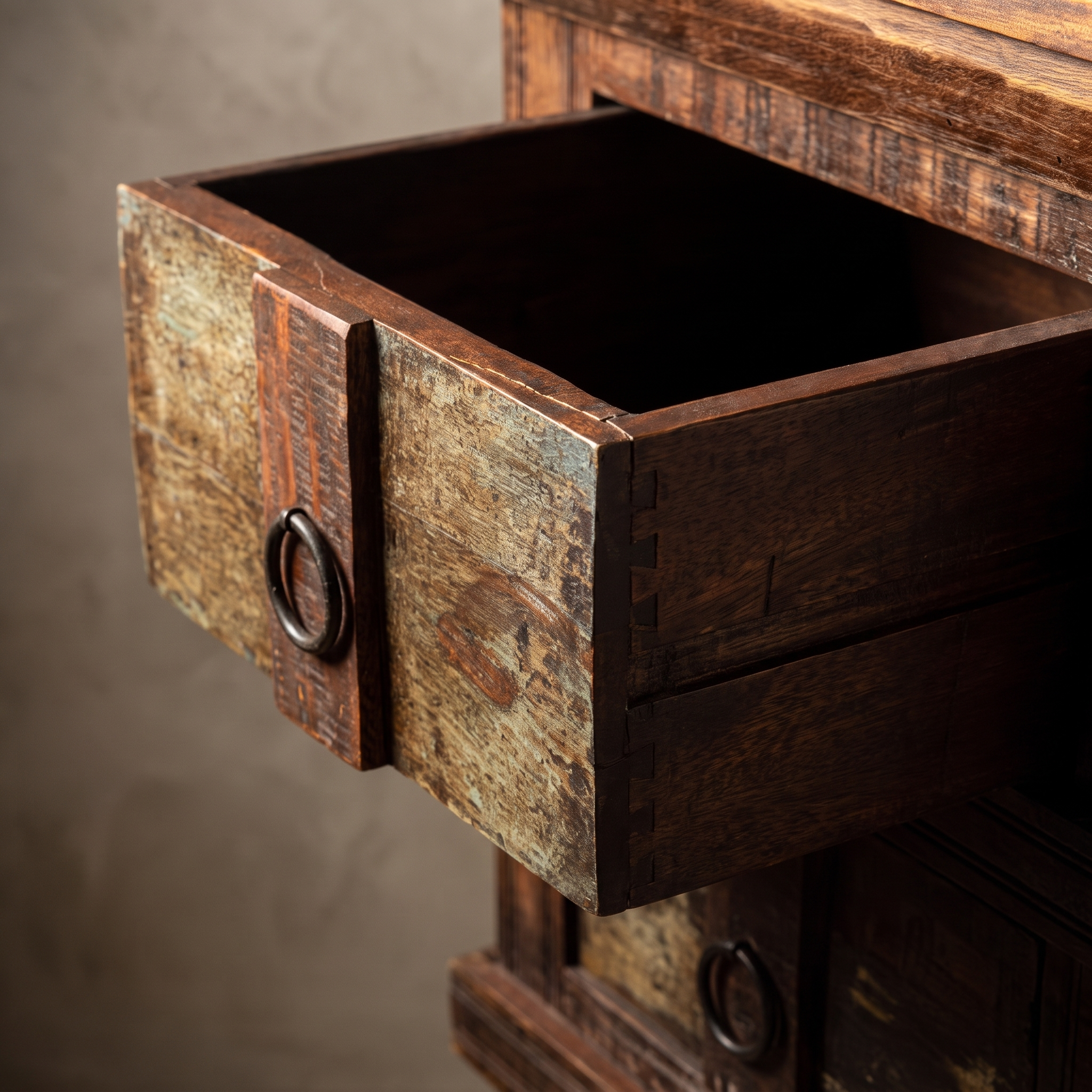 Macro detail of The Sienna Chest open top drawer showing dovetail joinery and ring pull
