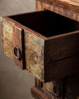 Macro detail of The Sienna Chest open top drawer showing dovetail joinery and ring pull