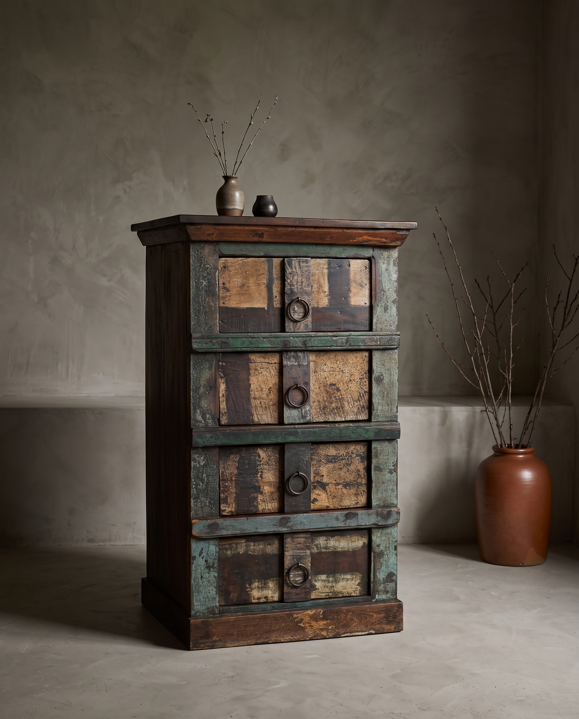 The Verdigris Chest, four-drawer reclaimed wood chest with sea-glass green patina, styled in a greige plaster room