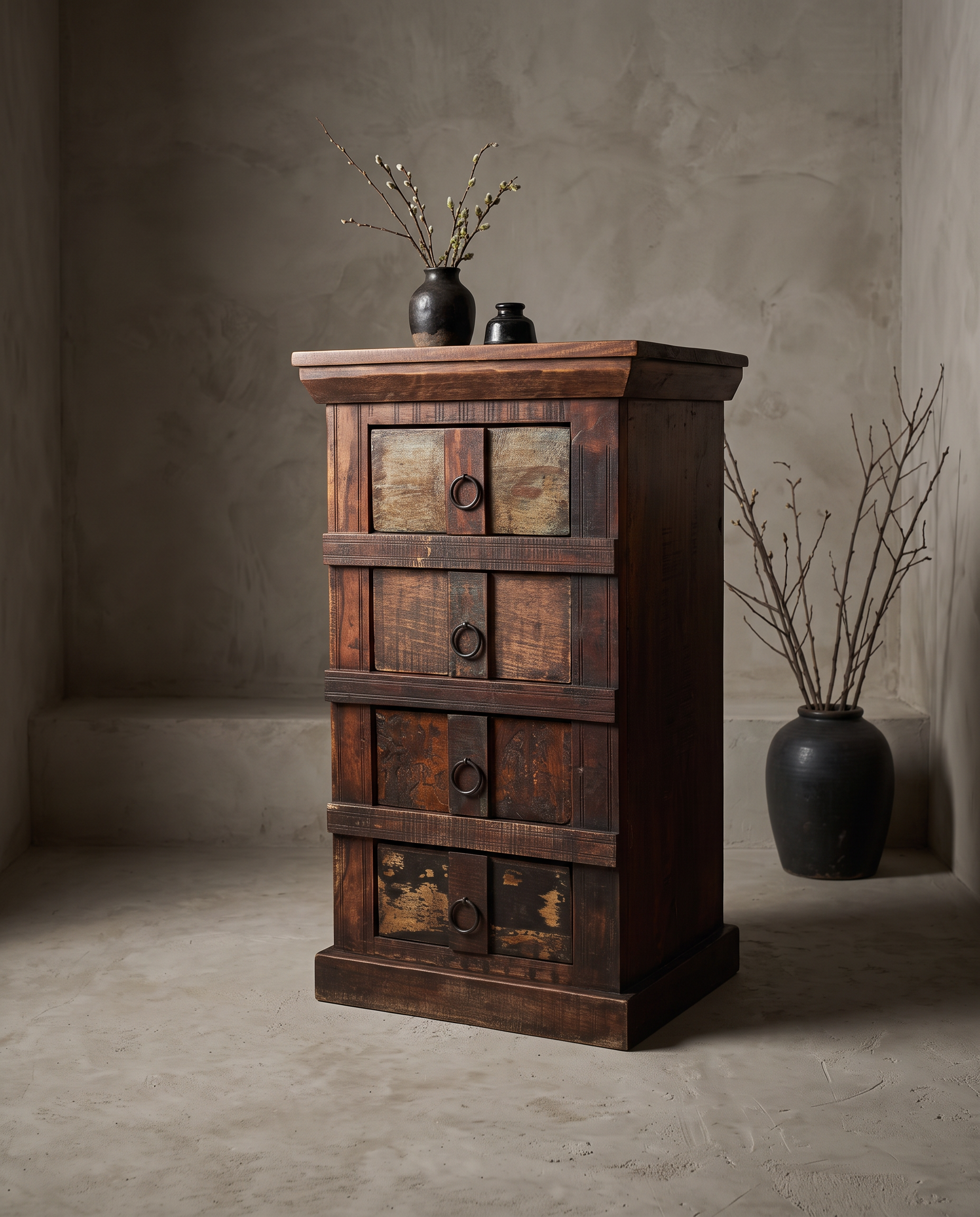 The Sienna Chest, alternate front three-quarter angle in the greige plaster room