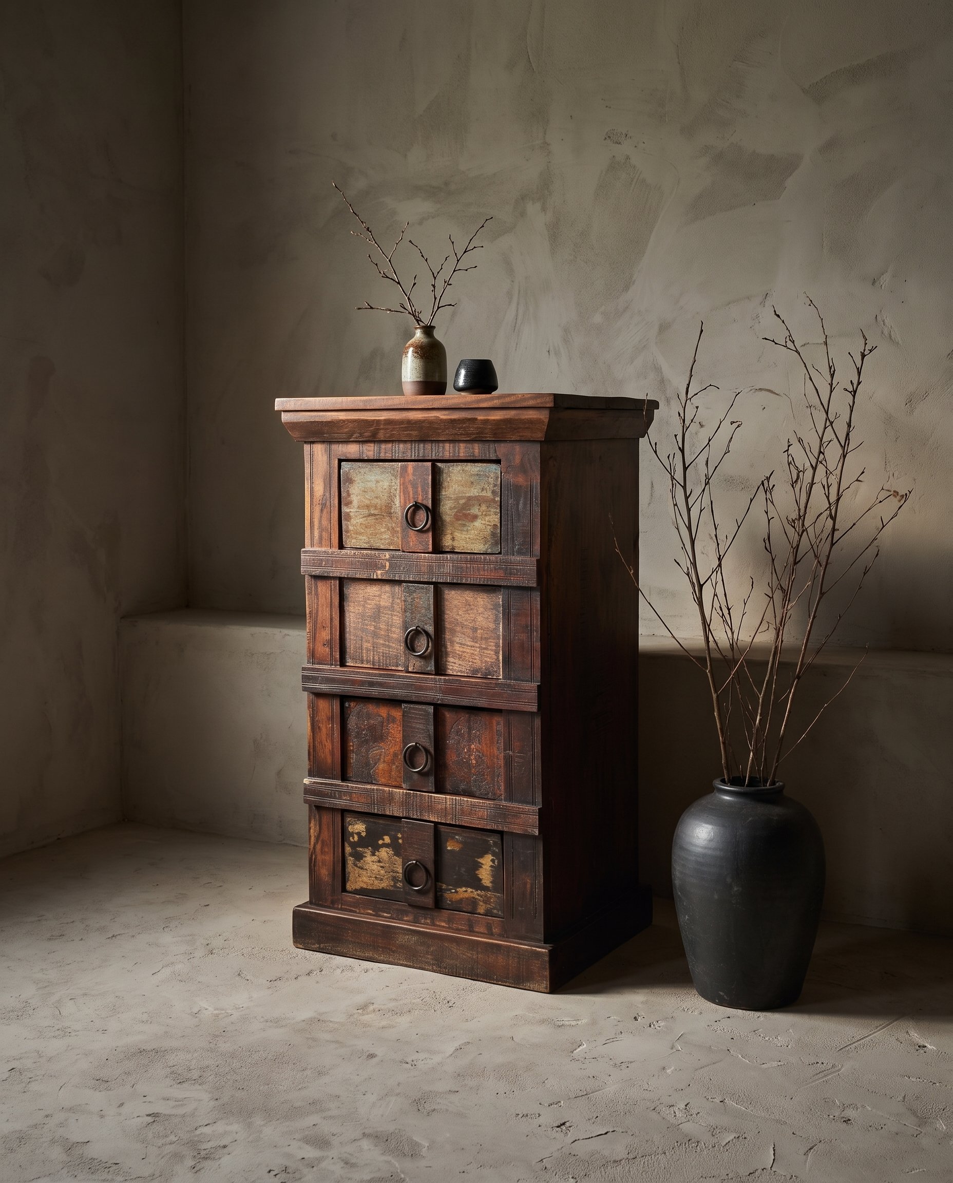 The Sienna Chest, four-drawer reclaimed wood chest with warm sienna and rust patina, styled in a greige plaster room