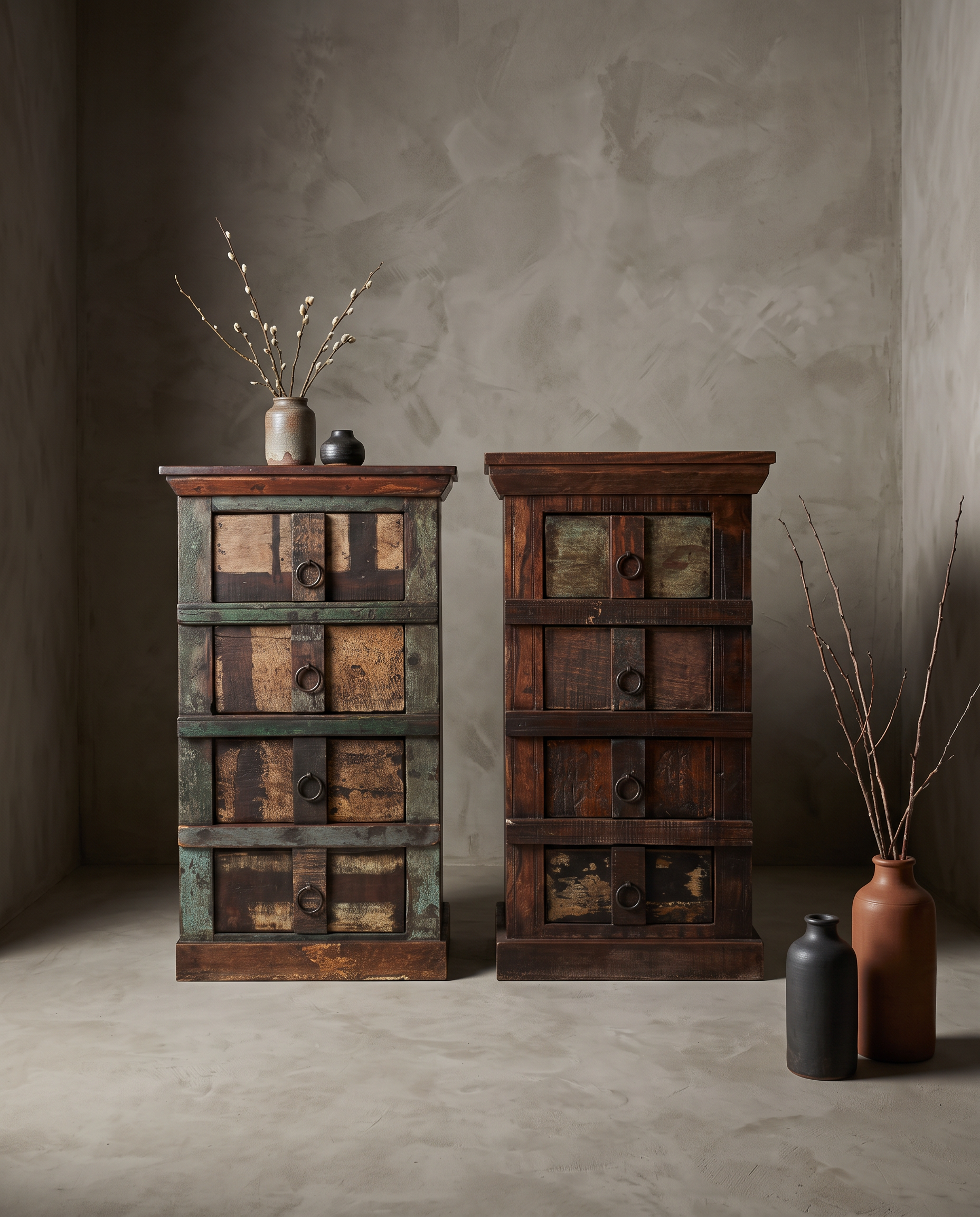 The Verdigris Chest paired with The Sienna Chest, front three-quarter view