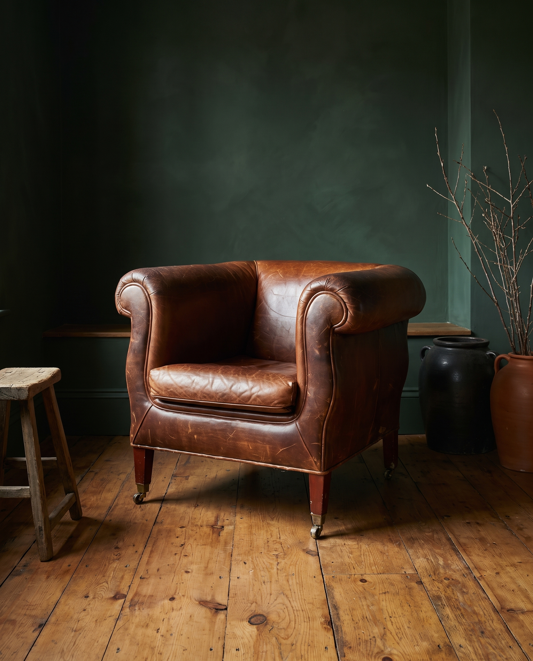 Vintage whiskey leather club chair, lifestyle shot, dark green plaster wall, reclaimed wood floor
