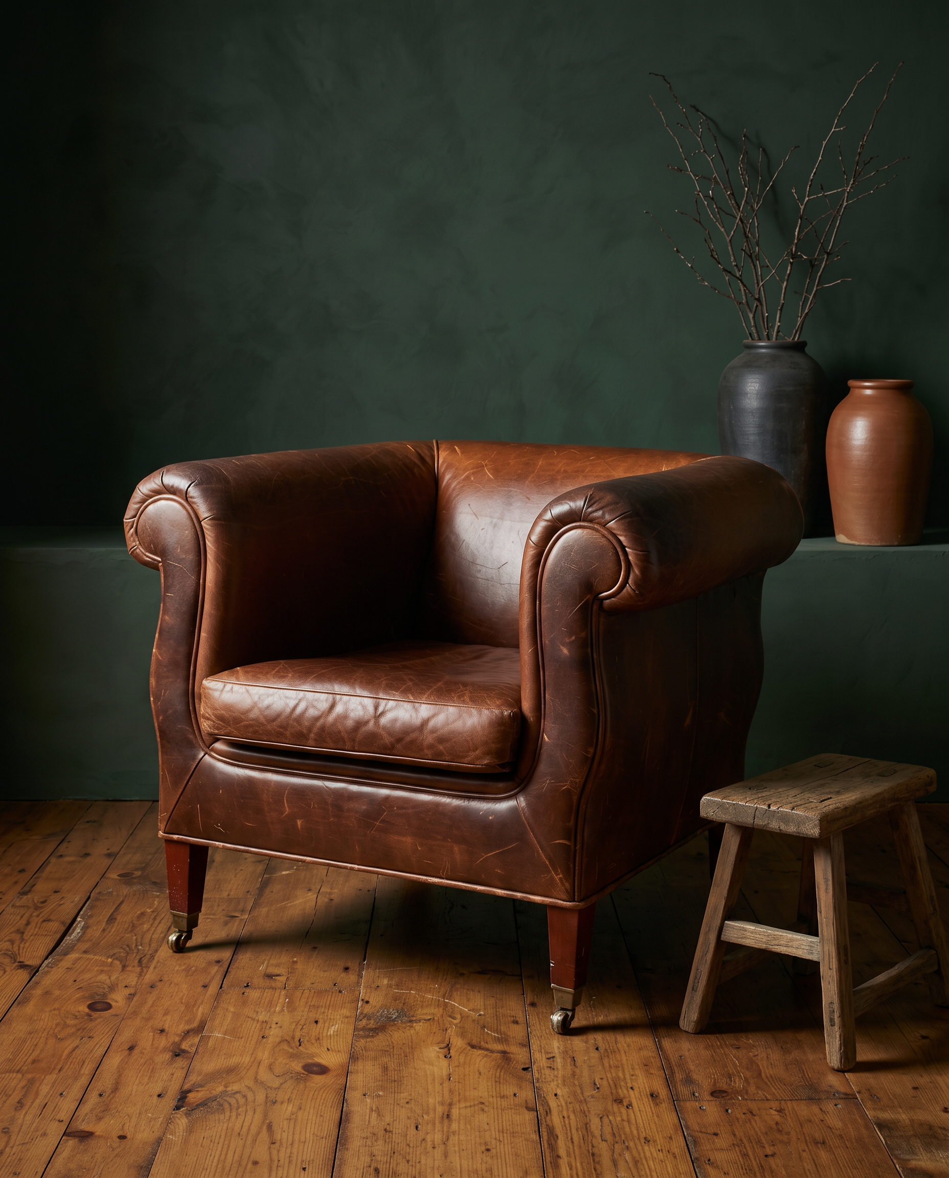 Vintage whiskey leather club chair, lifestyle shot alt angle, dark green wall