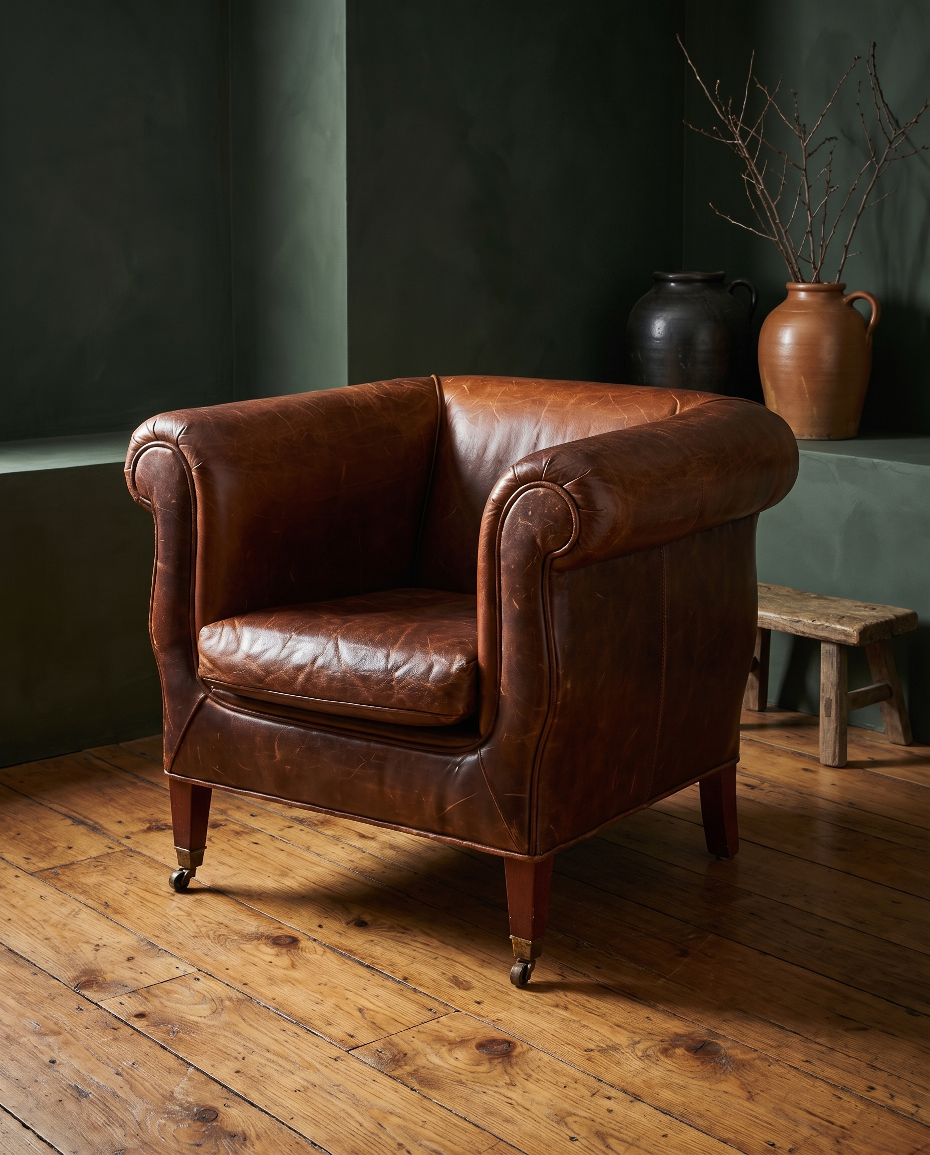 Vintage whiskey leather club chair, 45 degree three-quarter view showing full construction