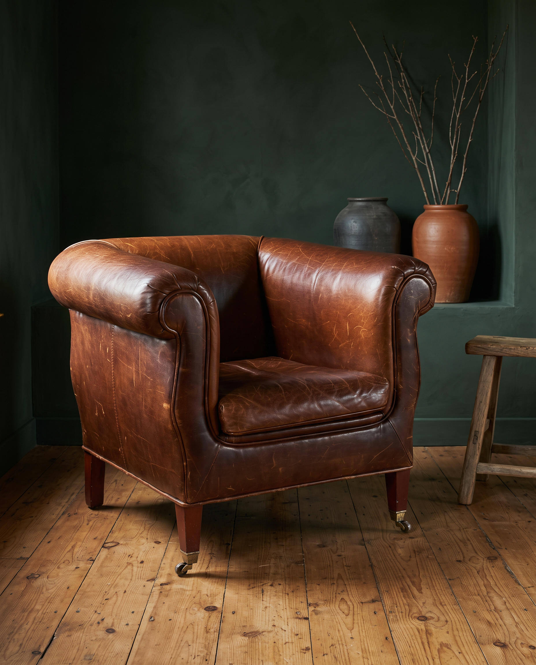 Vintage whiskey leather club chair, three-quarter view alt angle