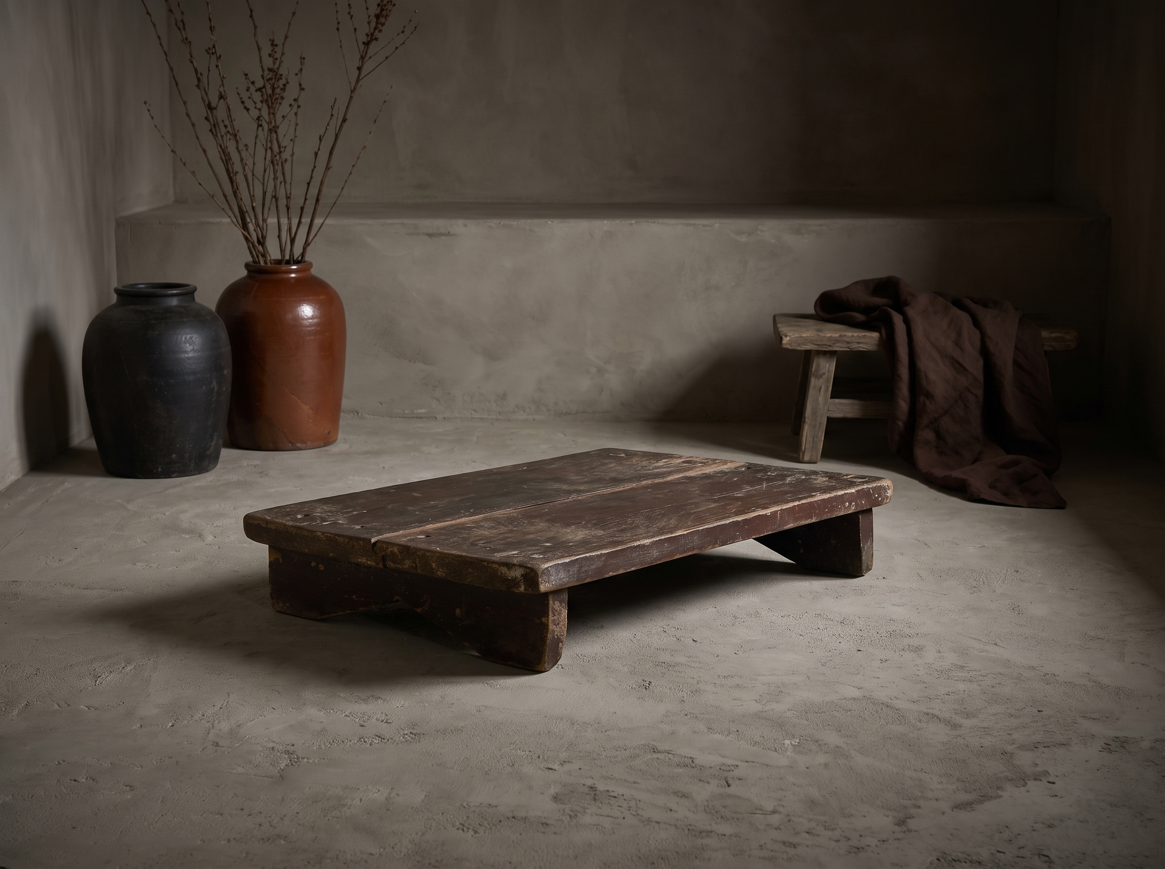 North India bajot, low antique teak riser table, staged in a raw greige plaster room with stoneware vessels and dried branches