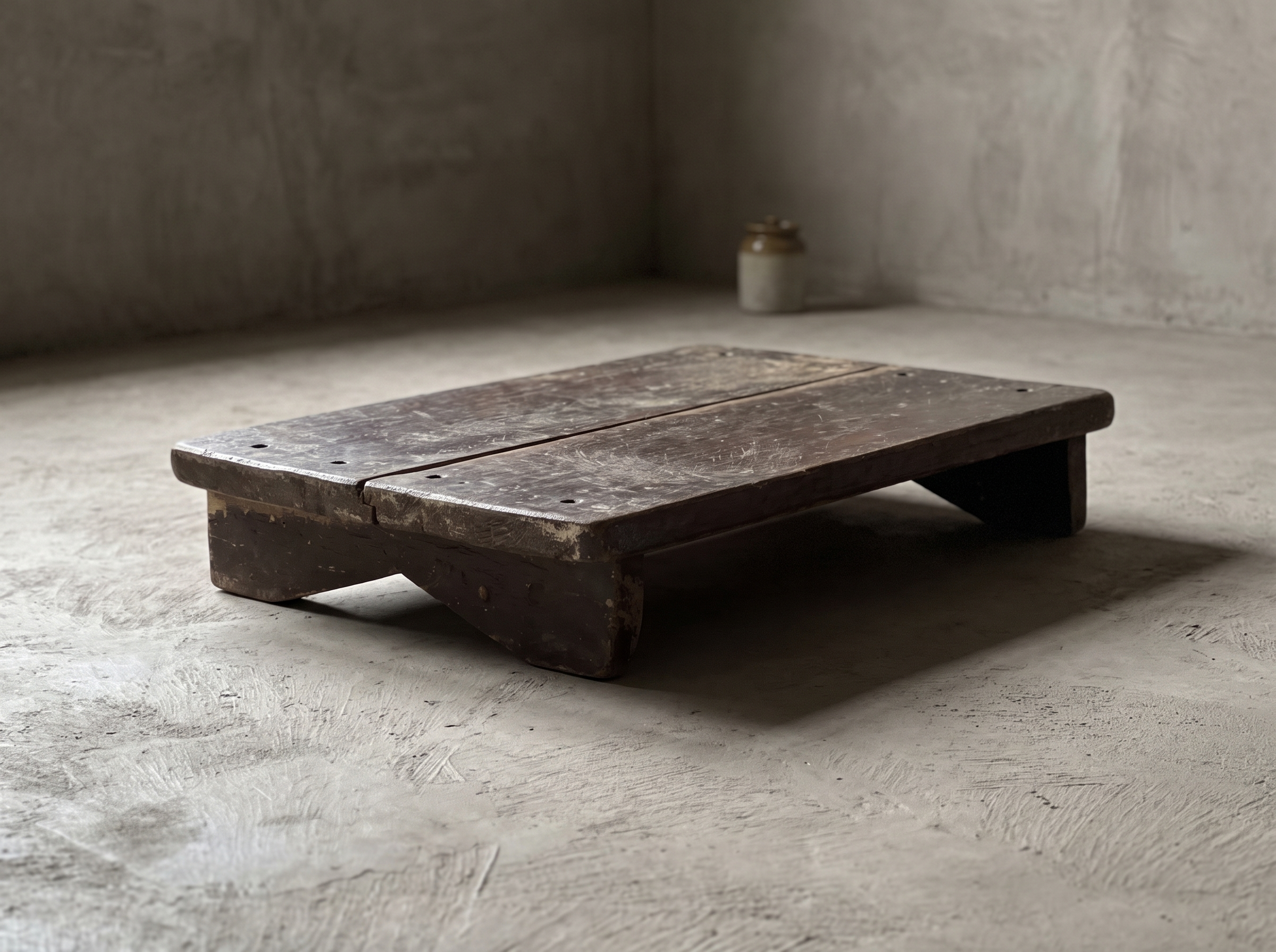 North India bajot, three-quarter view showing the two-plank top and splayed block legs