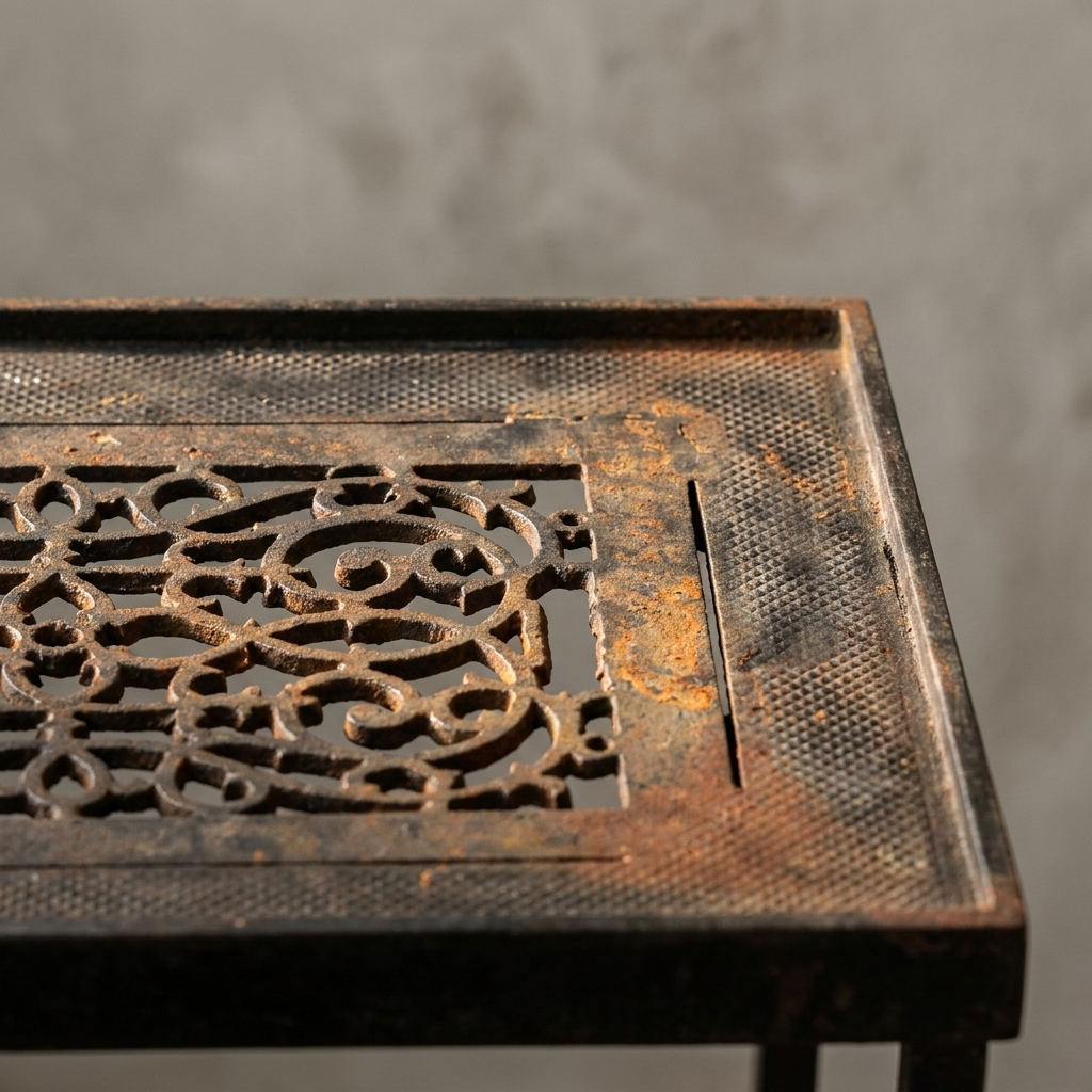 Macro detail of the Floral Scroll cast-iron grate and textured frame border