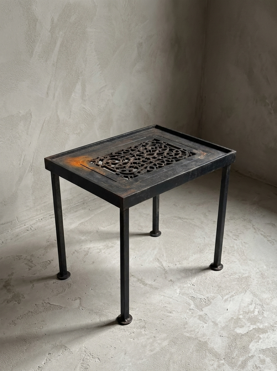 Antique Grate Side Table, Floral Scroll design, three-quarter view showing form and construction
