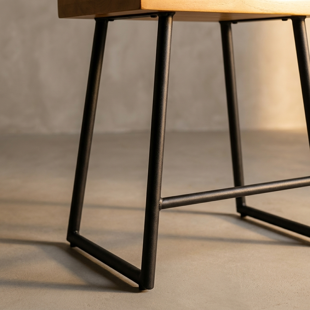 Macro detail of the Onda Stool blackened metal base and stretcher