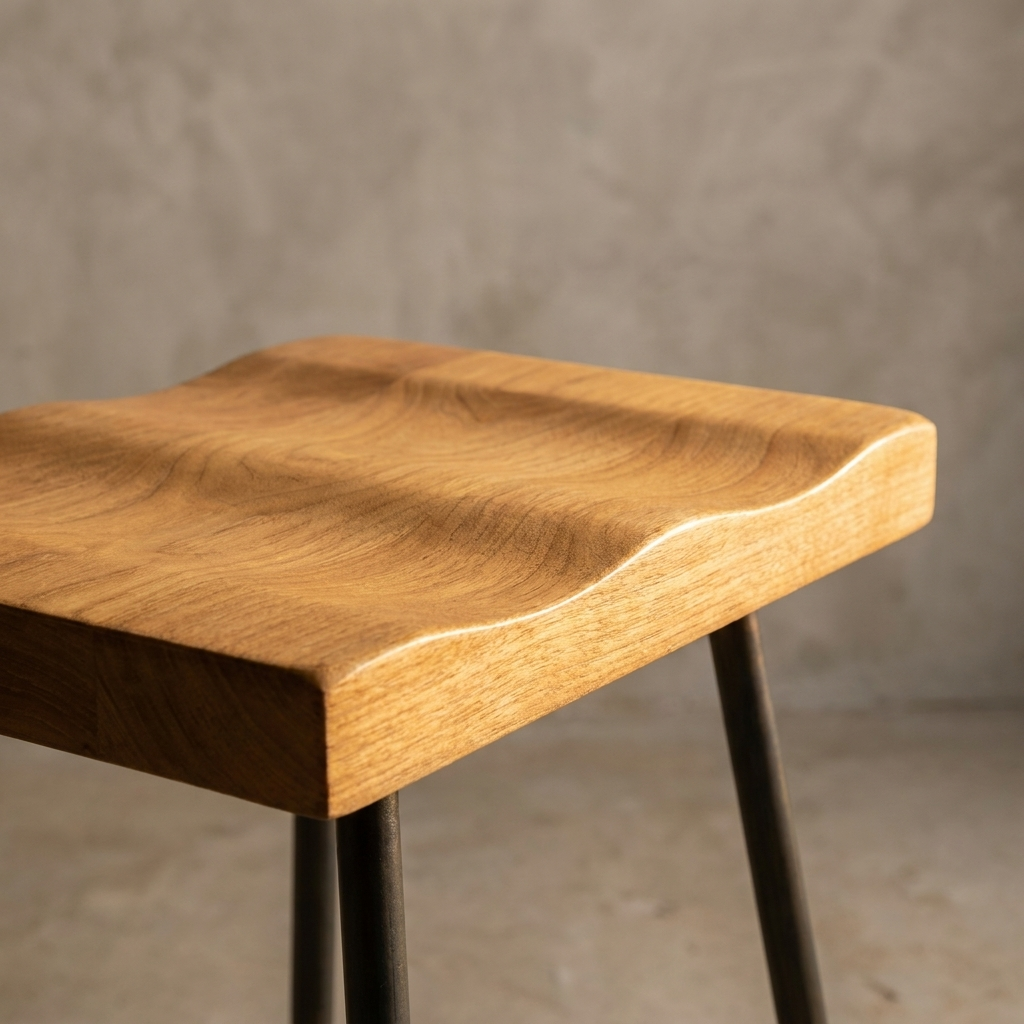 Macro detail of the Onda Stool wood grain and wave-carved seat edge