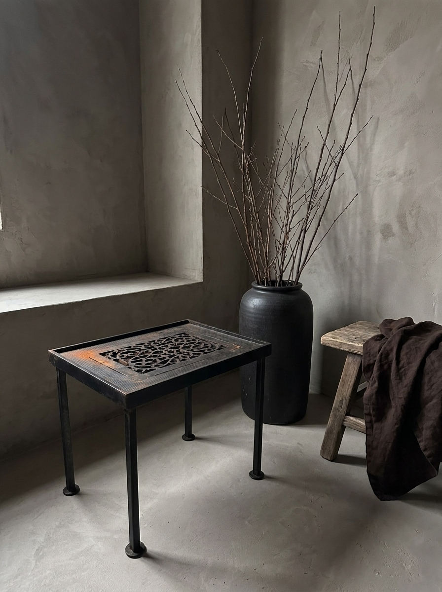 Antique Grate Side Table, Floral Scroll design, styled in a greige plaster room with a stoneware vessel and dried branches