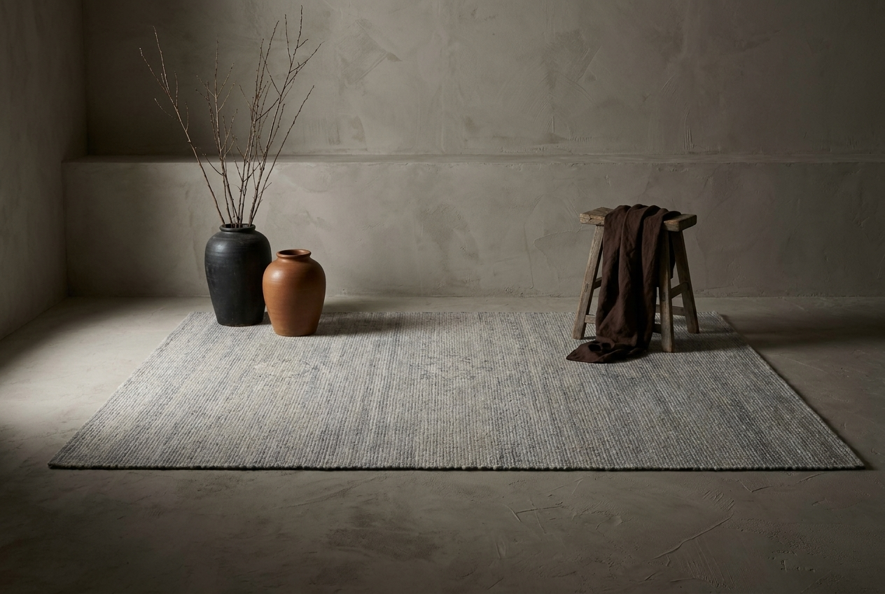 Heathered grey flatweave rug, lifestyle hero, on a greige plaster floor with stoneware vessels and draped linen