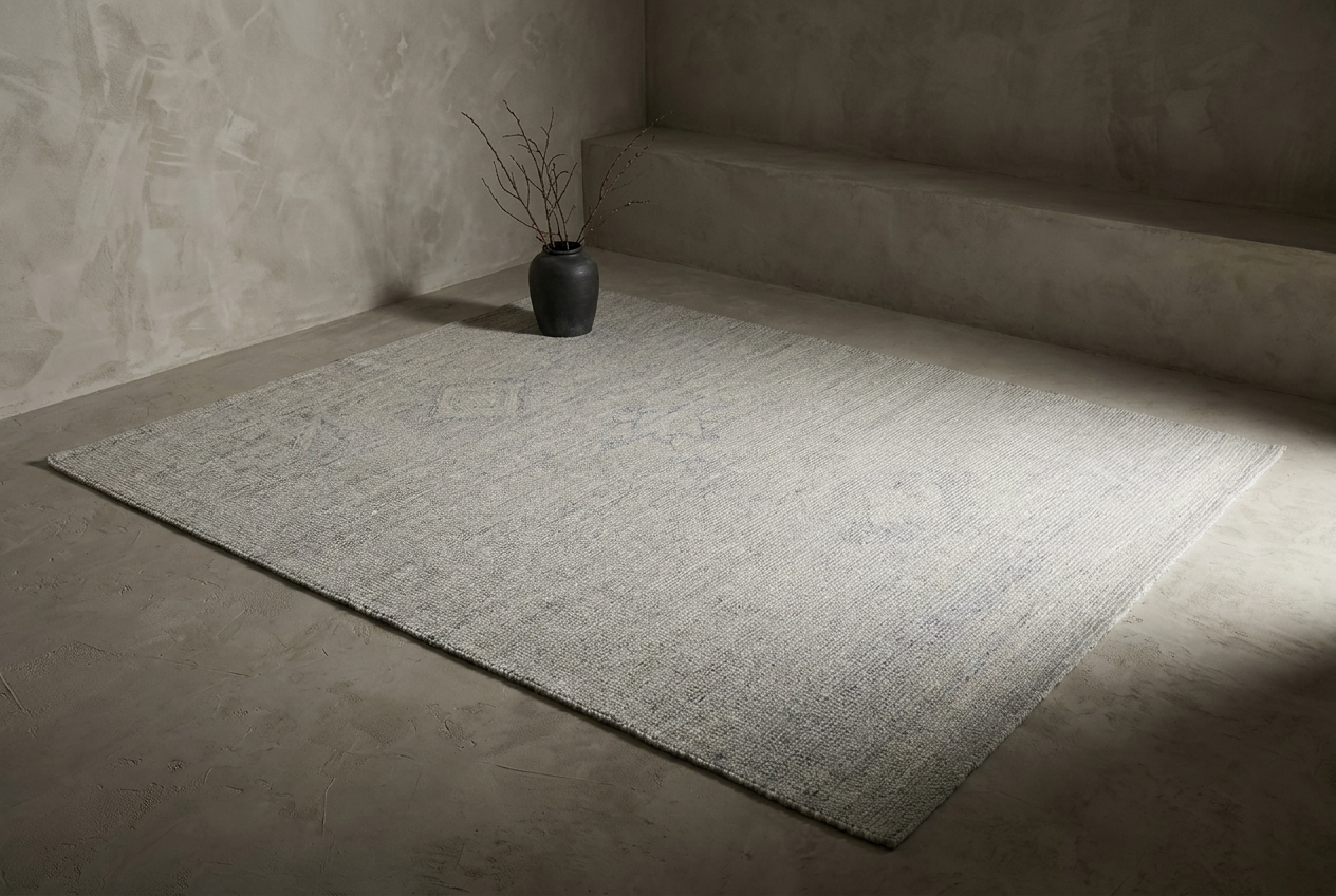Heathered grey flatweave rug, three-quarter angle showing full shape and proportions