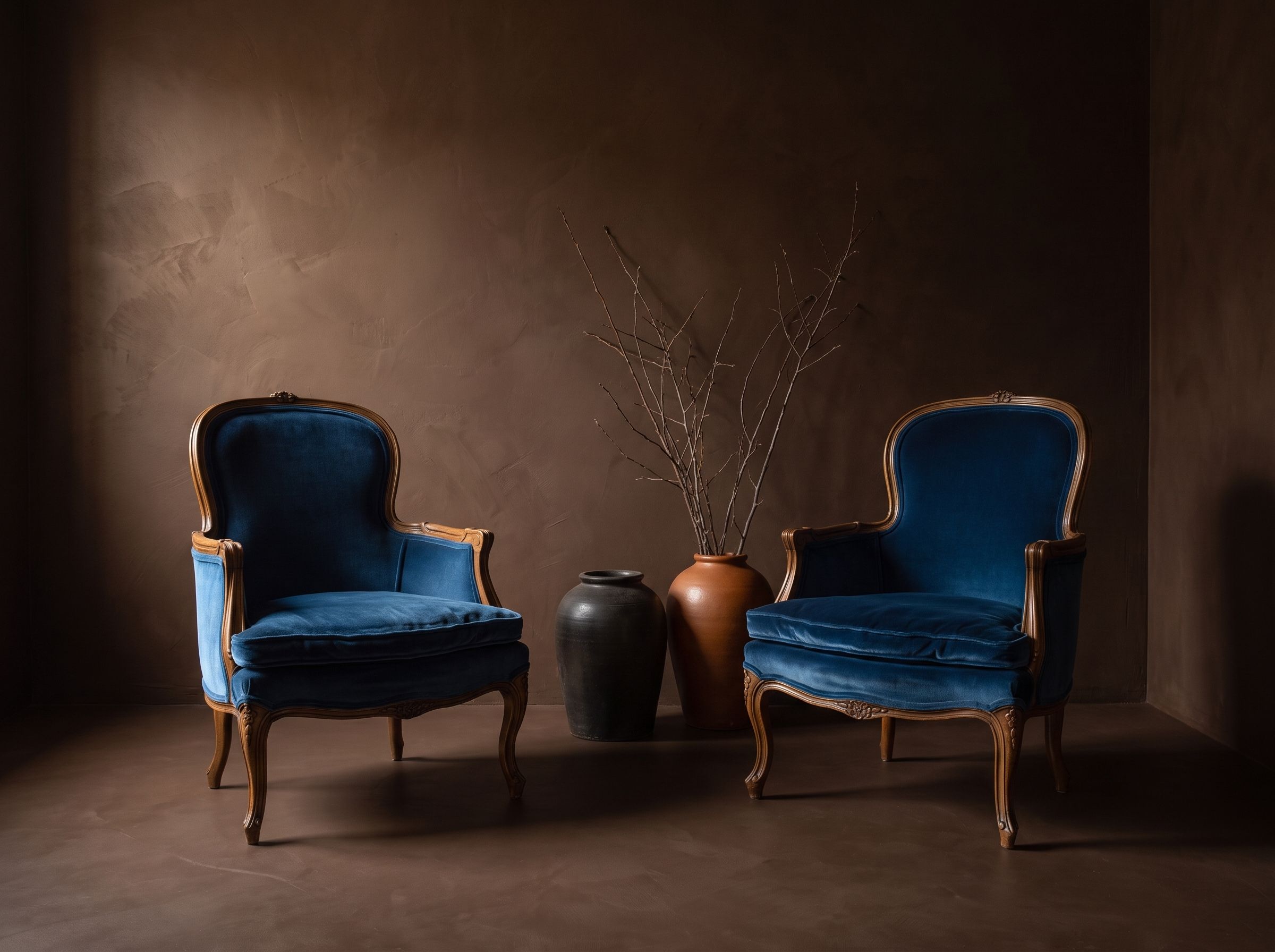 Both Blue Velvet Bergere chairs together in the brown plaster room