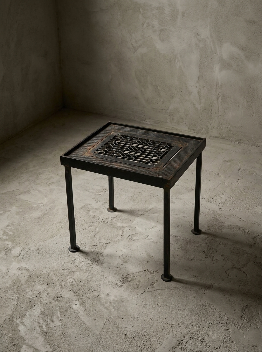 Antique Grate Side Table, Geometric Lattice design, three-quarter view showing form and construction