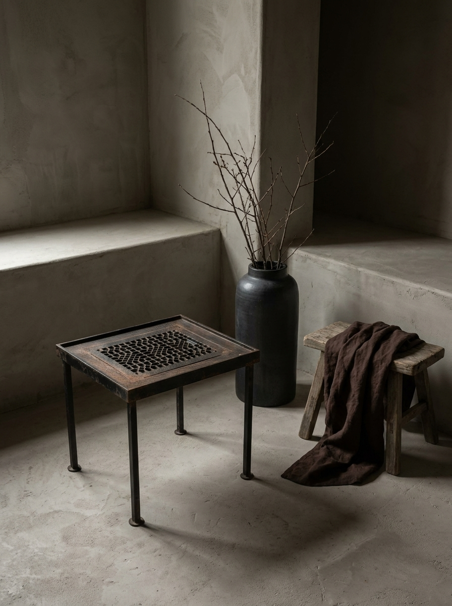 Antique Grate Side Table, Geometric Lattice design, styled in a greige plaster room with a stoneware vessel and dried branches