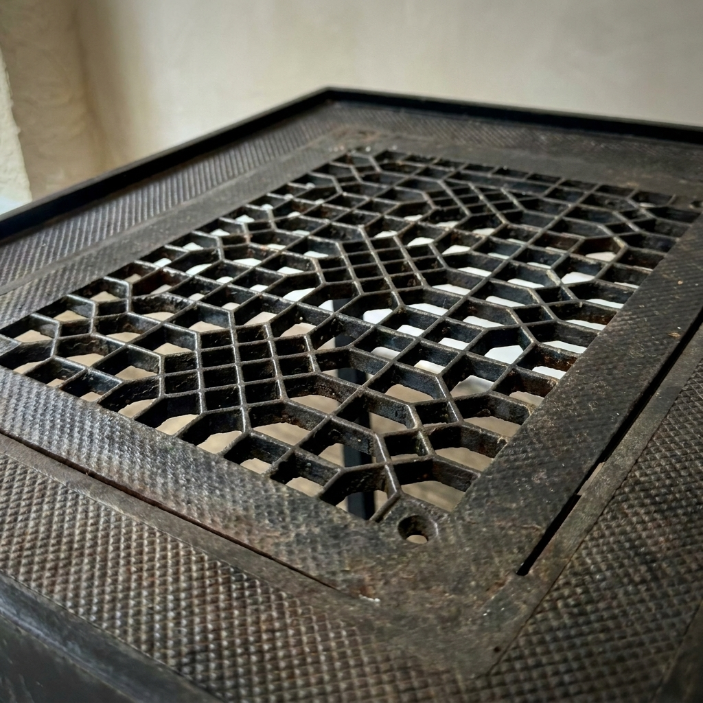 Macro detail of the Geometric Lattice cast-iron grate weave and textured frame border