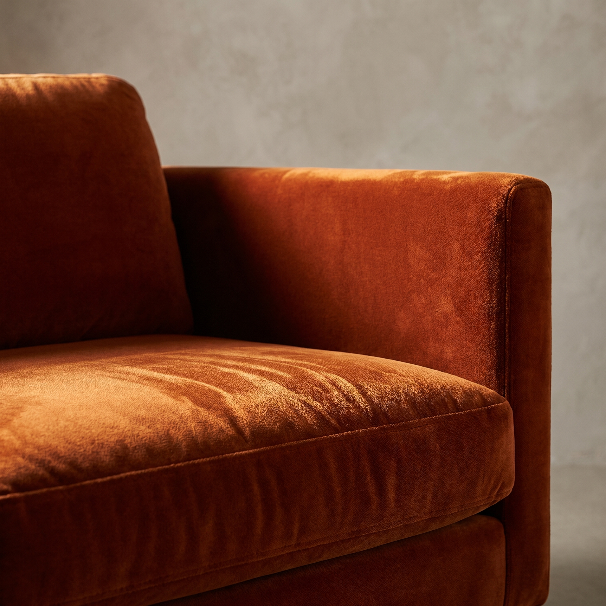 Close up detail of the burnt orange velvet nap and arm top edge