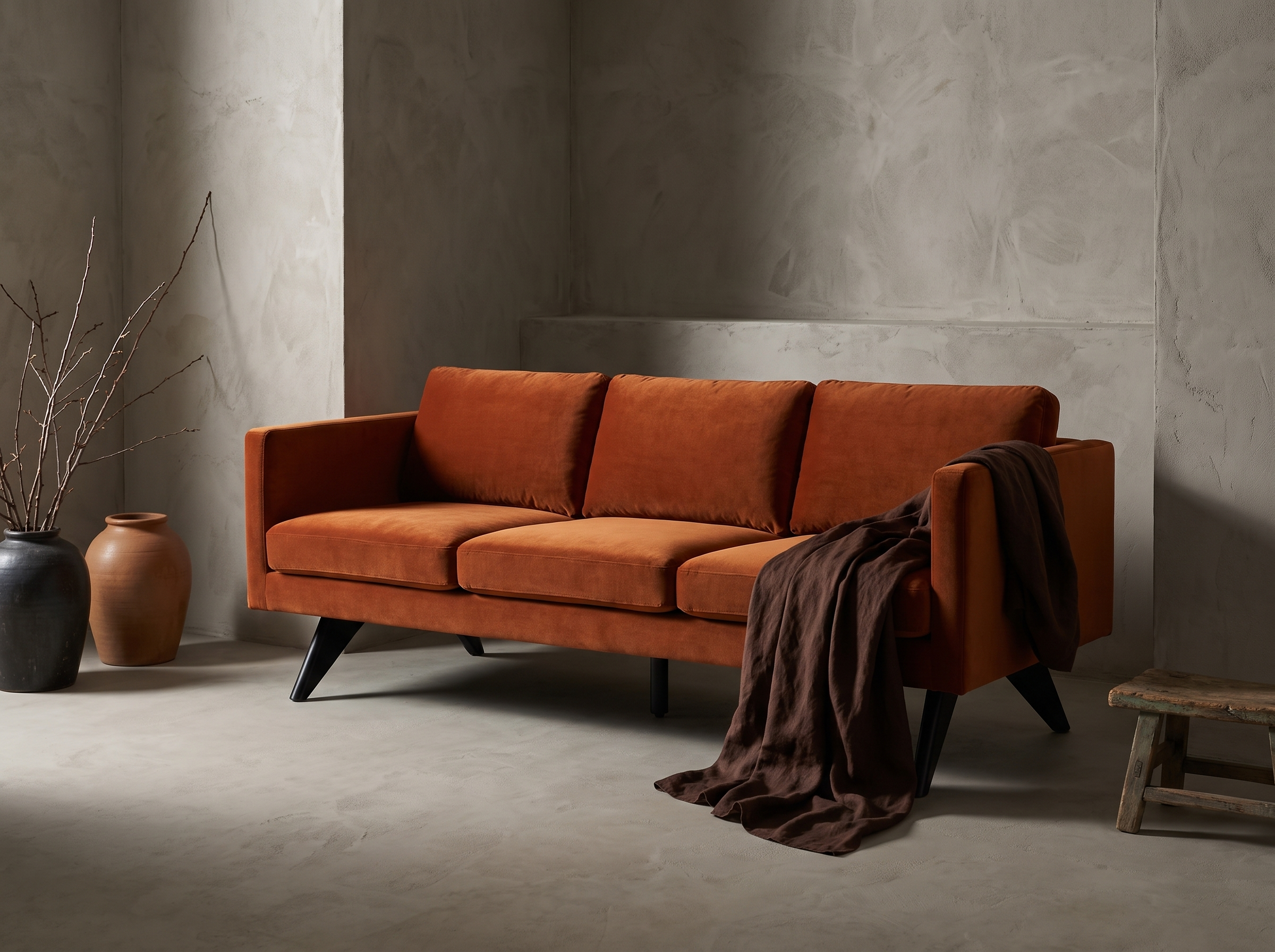 Burnt orange velvet boomerang-leg sofa, lifestyle shot in a greige plaster room with stoneware vessels and draped chocolate linen